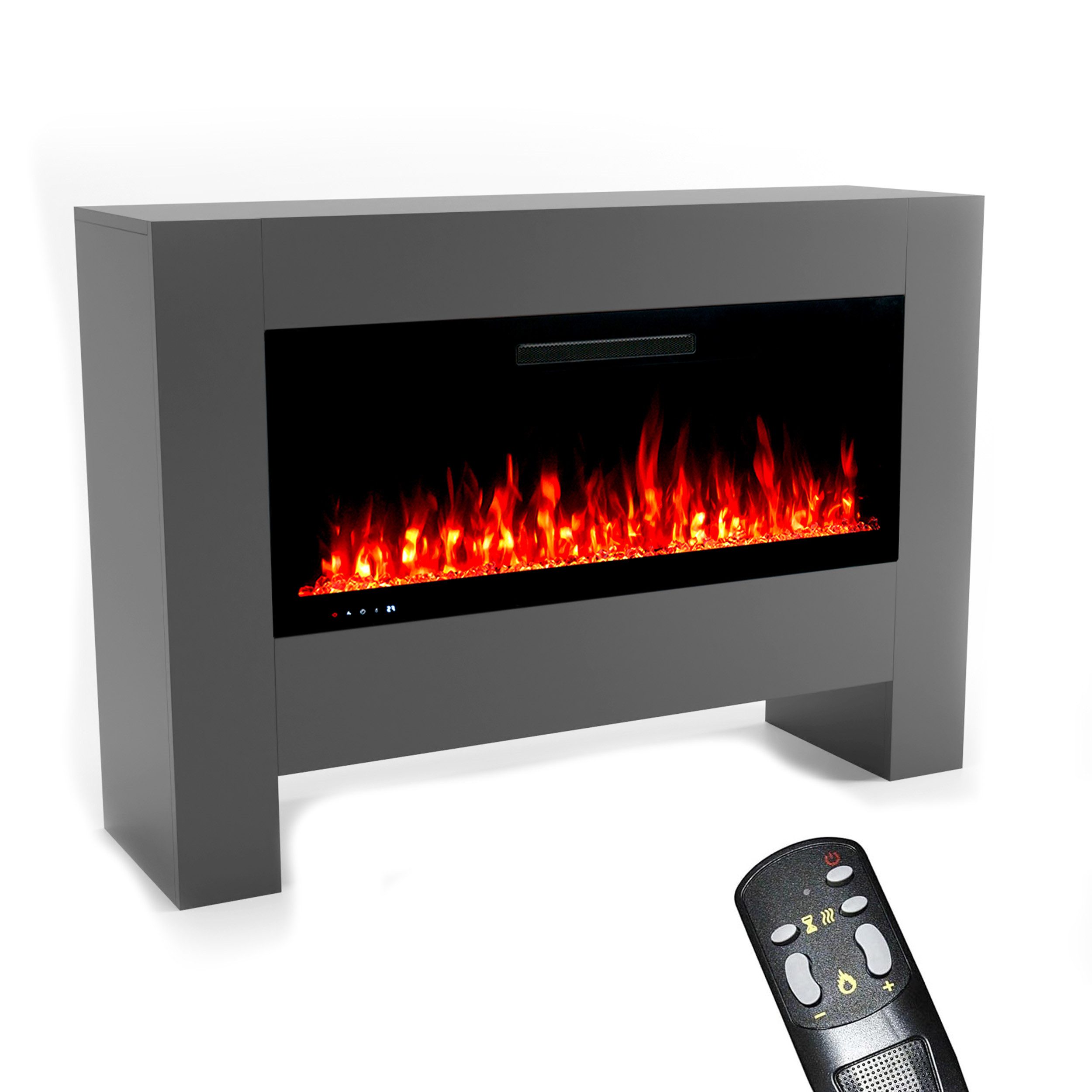 GLOW FIRE Elektrokamin weiß / grau / schwarz HERMES 3D LED Kamin mit Heizung, Elektrischer Kamin mit 3D Feuer mit Heizung, 2 Dekorationen