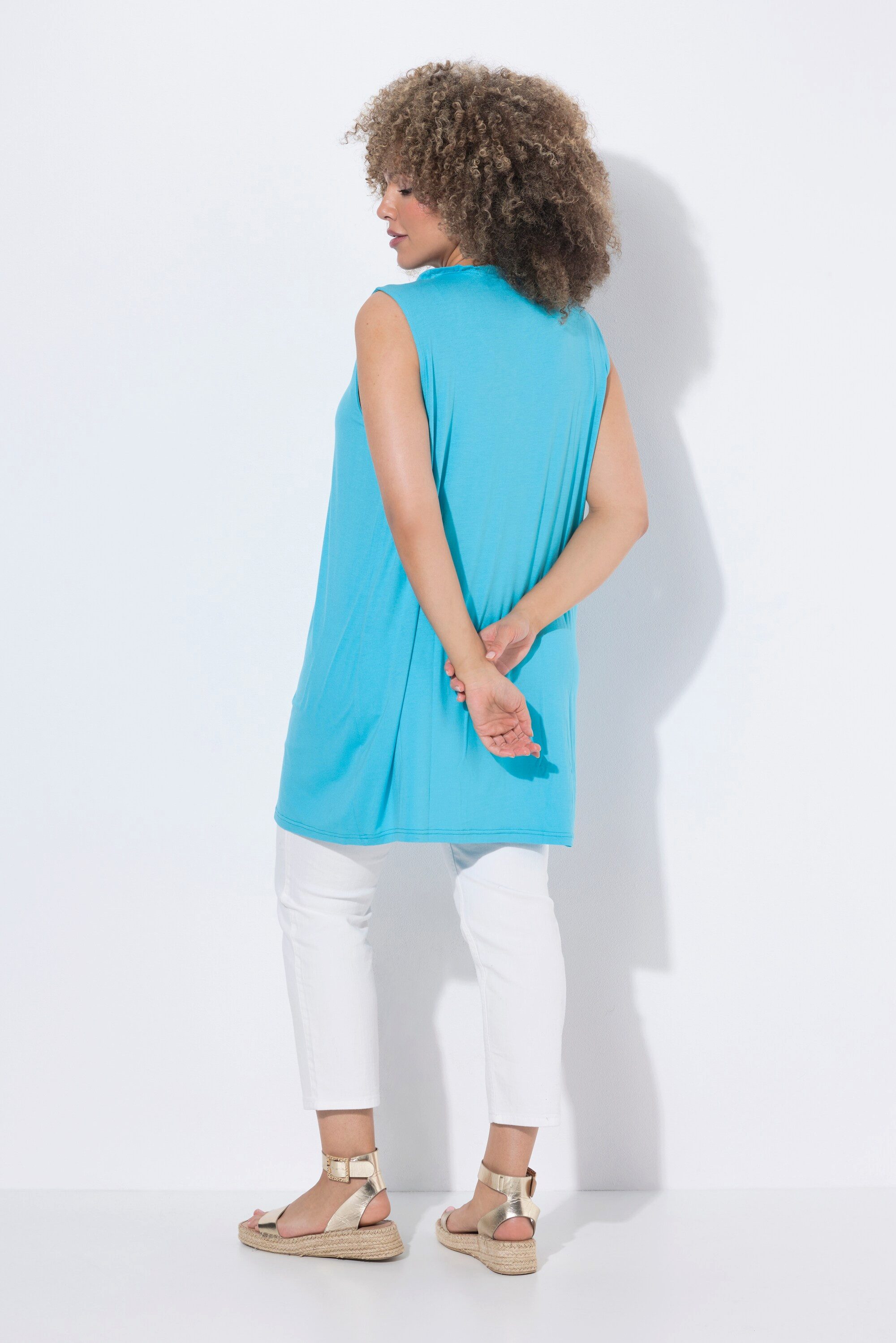 Ulla Popken Longtop Longtop Biesen Stehkragen V-Ausschnitt ärmellos