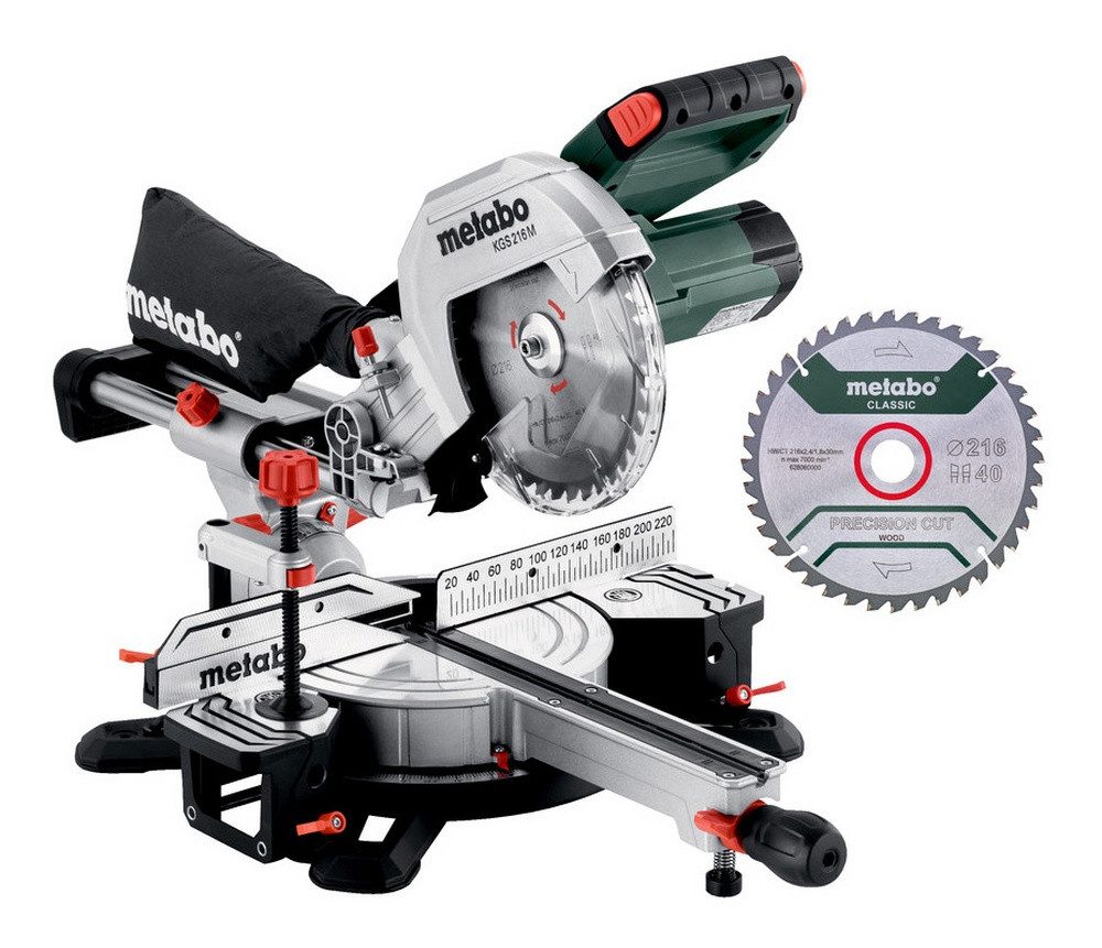 metabo Kapp- und Gehrungssäge KGS 216 M Set, Kappsäge mit 2. Hartmetall-Sägeblatt im Karton
