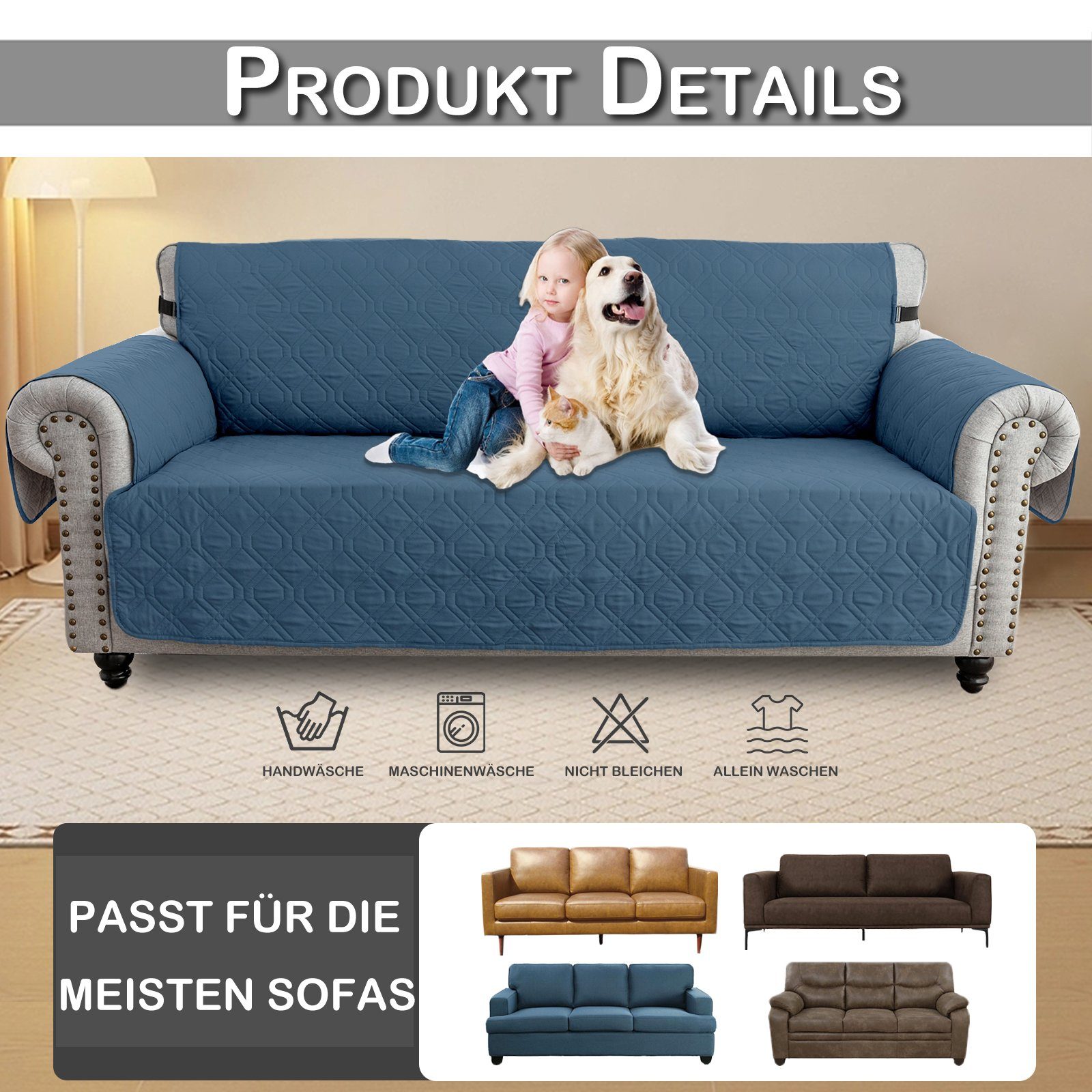 Sofabezug Wasserdicht Gesteppter Blau Schutz Sofa Hunde Sesselschoner Sesselbezug Sunicol, Couch Haustier 1-3Sitz, Überwurf Anti-Rutsch Armlehnenauflage