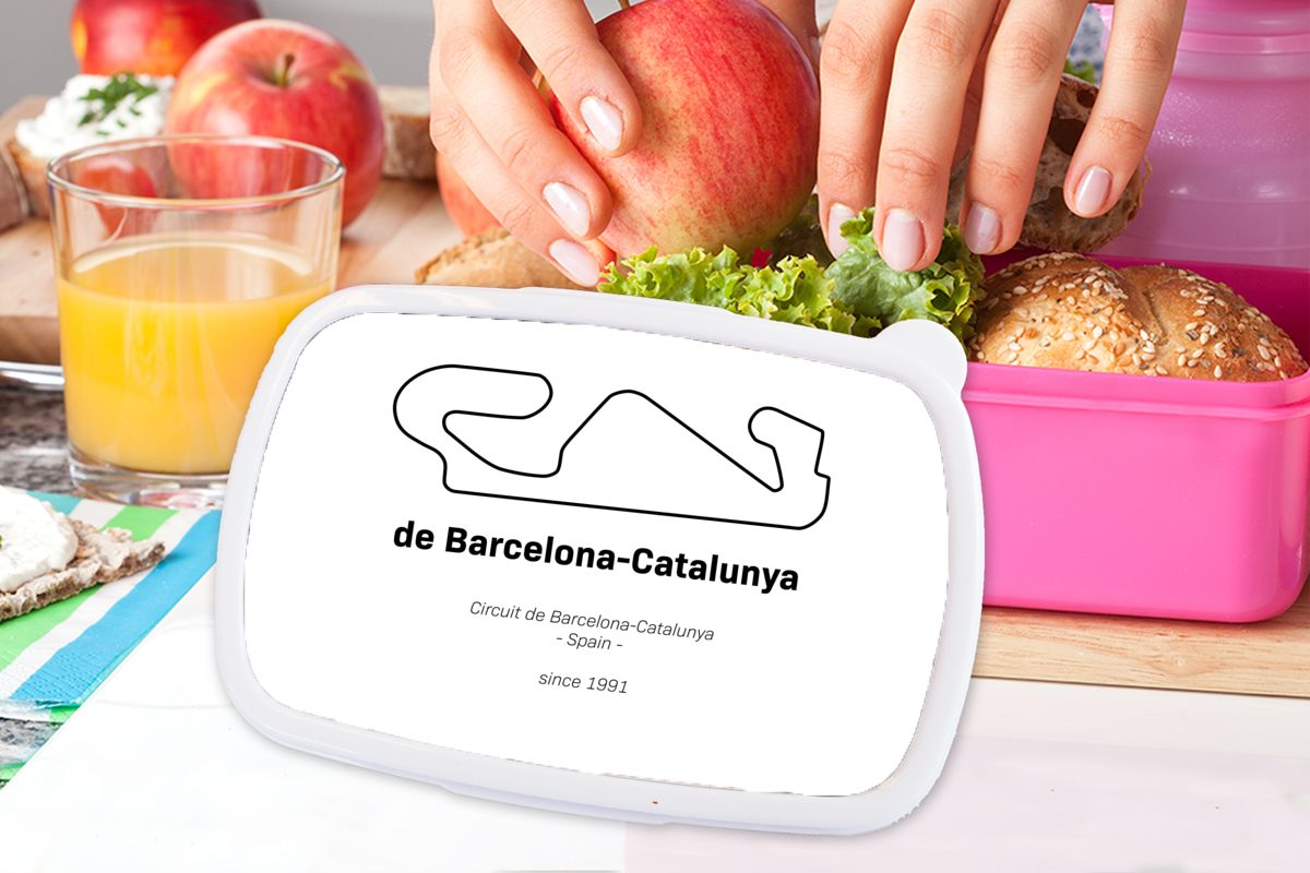 MuchoWow Lunchbox Formel - - Kinder, Barcelona, (2-tlg), für 1 Erwachsene, Brotbox Rennstrecke rosa Snackbox, Brotdose Kunststoff, Mädchen, Kunststoff