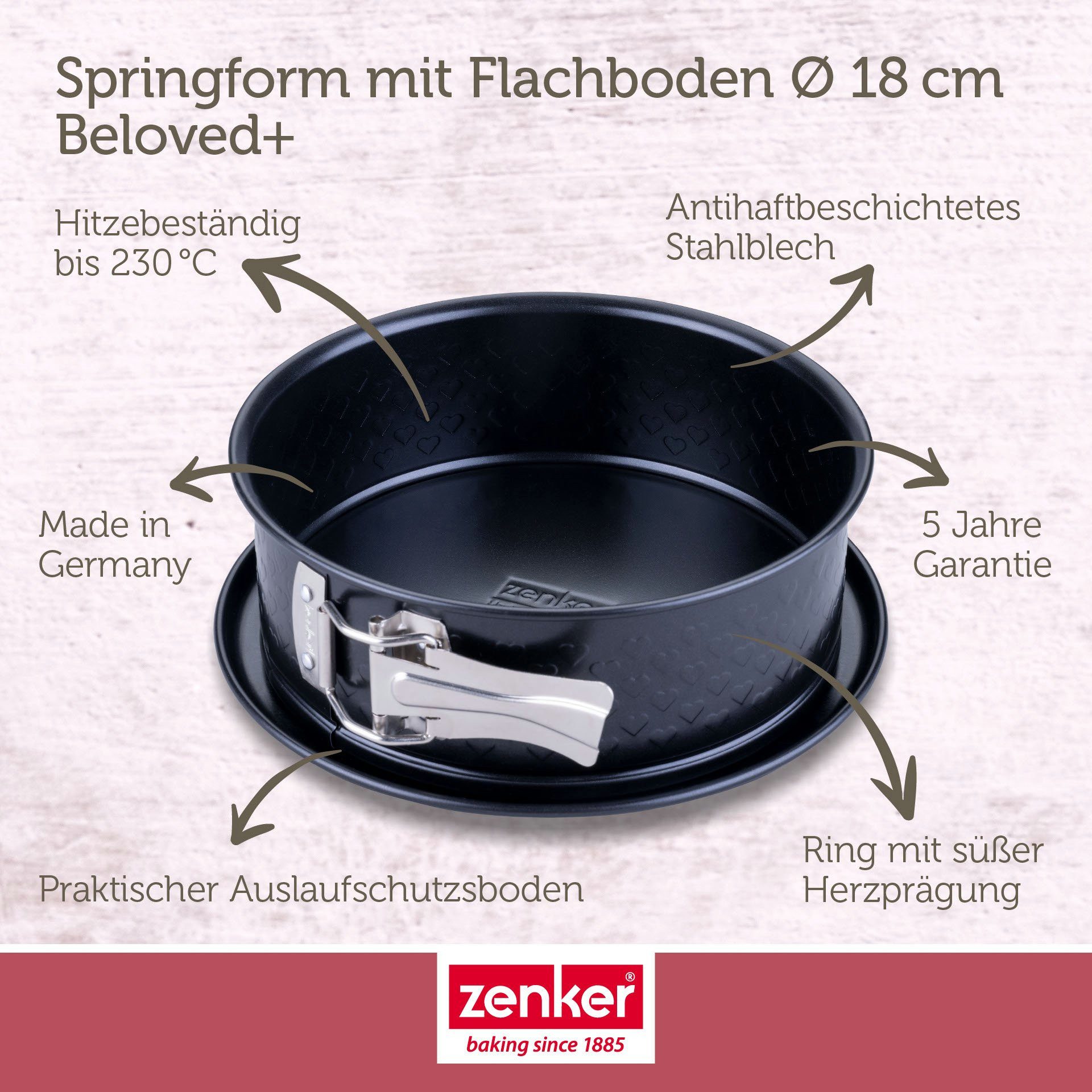 Zenker Springform Kuchenform, Backform mit Flachboden, Herz-Prägung