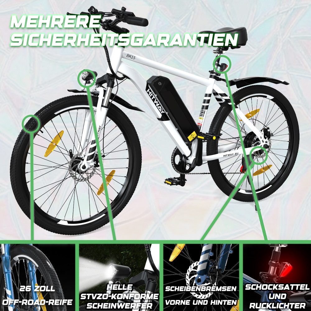 HITWAY E-Bike 26 Zoll Elektro-Mountainbike E-MTB, E-cityrad,Pedelec, 7 Gang, 250W Hochwertiger Heckmotor, 540 Wh, Shimano 7 gang Getriebe, 36V15AH AKKU, Reichweite 45-100KM