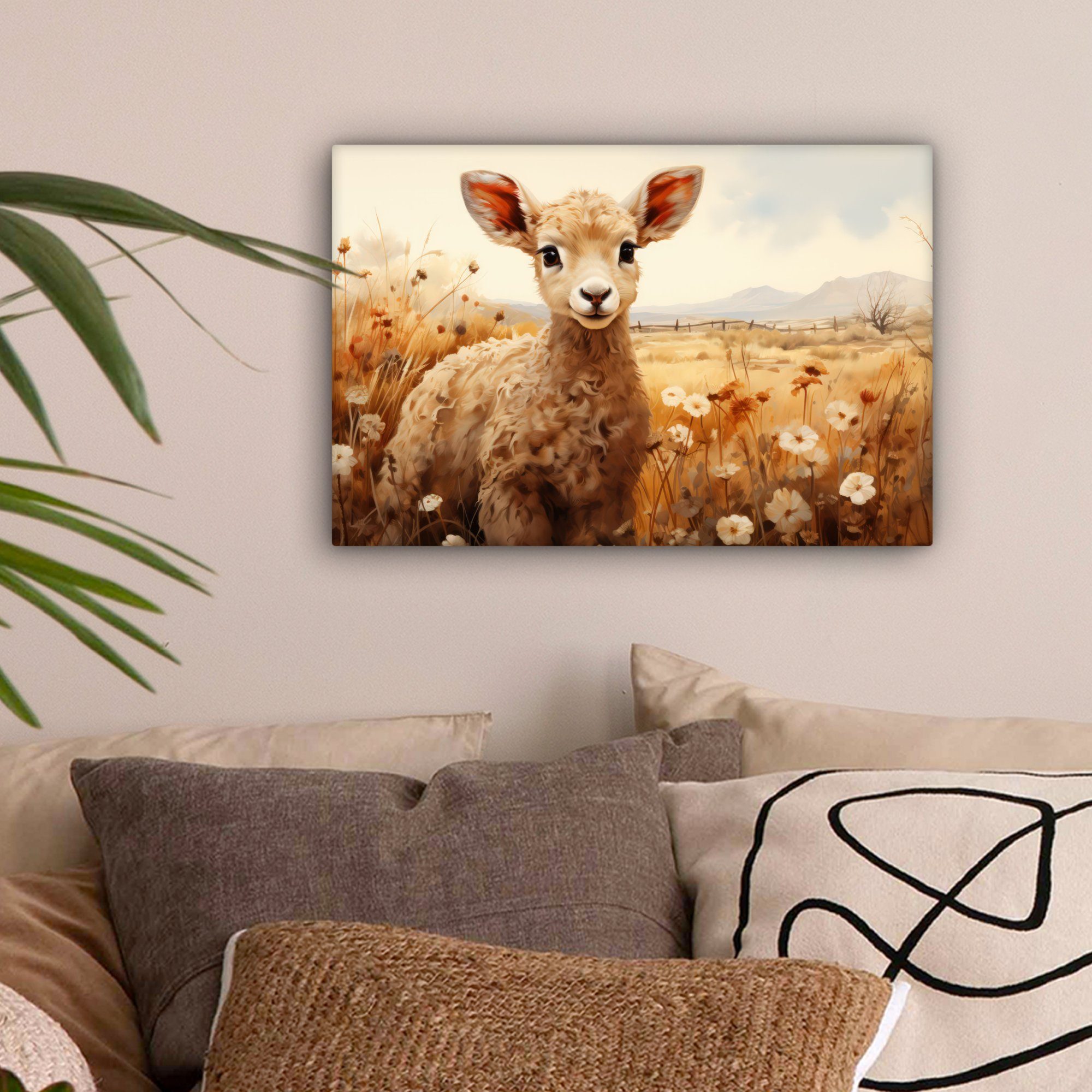 OneMillionCanvasses® Leinwandbild Vintage - Schaf - Lamm - Blumen - Natur - günstig online kaufen
