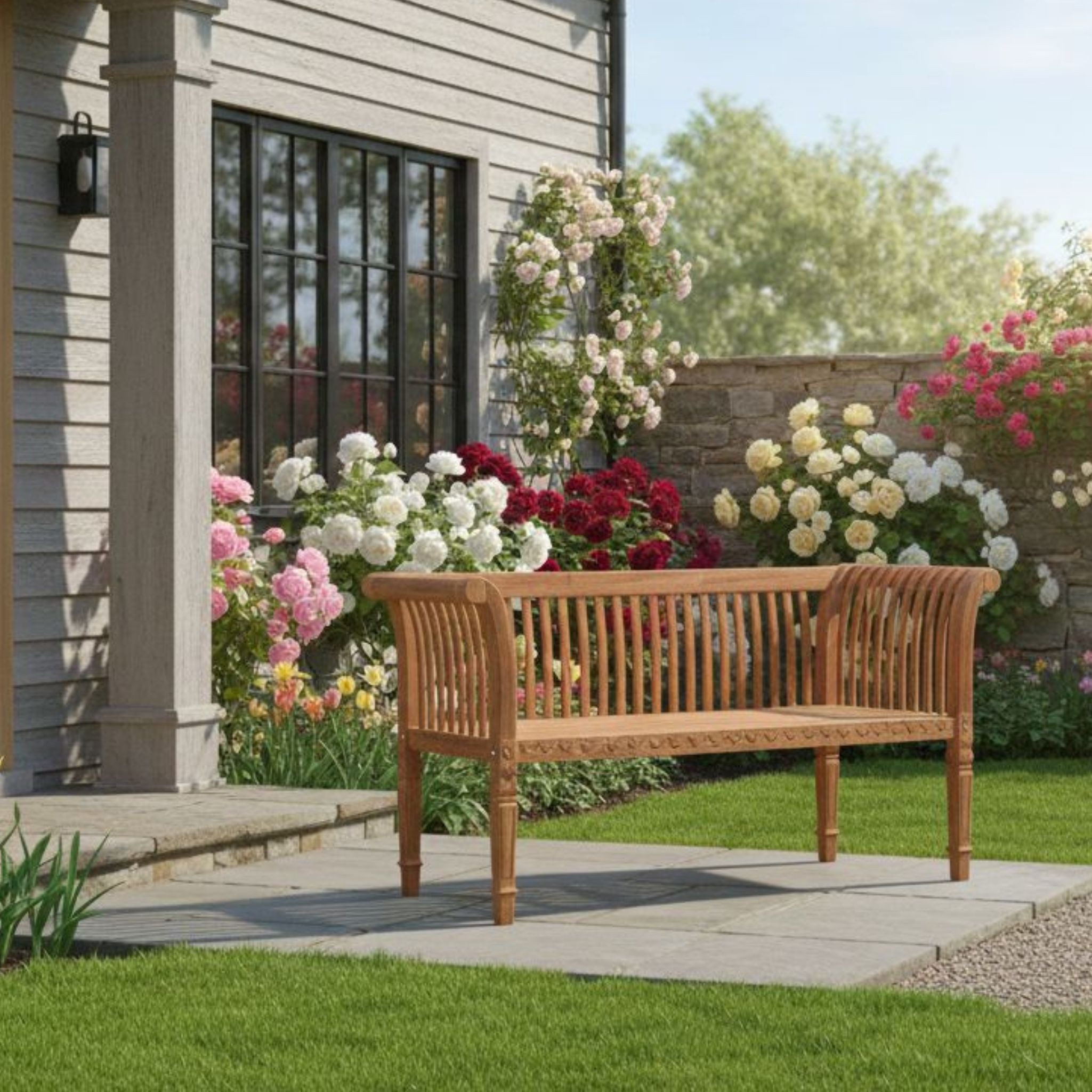 MR.DEKO Gartenbank Newport – Teakholz Bank 120 cm, geschnitzt, mediterran (2-Sitzer Bank, zerlegt geliefert, ideal für Terrasse, 1-St), Massive Sitzbank Garten und Balkon, 250 kg belastbar