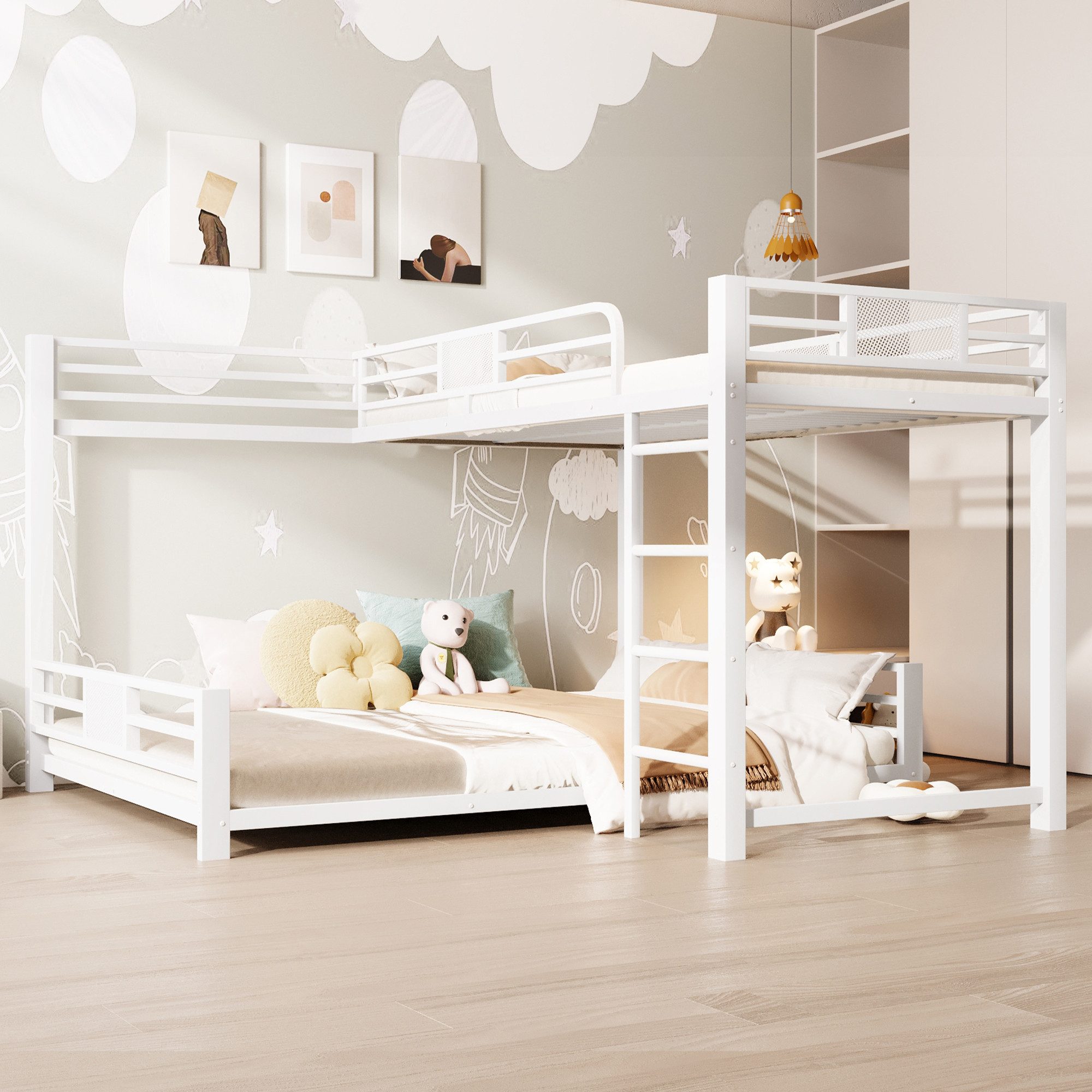 Merax Etagenbett 90x200cm/140x200cm in L-Form (Stockbett Jugendbett Mehrzweckbett, 1-St), Metallbett Doppelbett Kinderbett mit Stauraum, Leiter und Schutzzaun