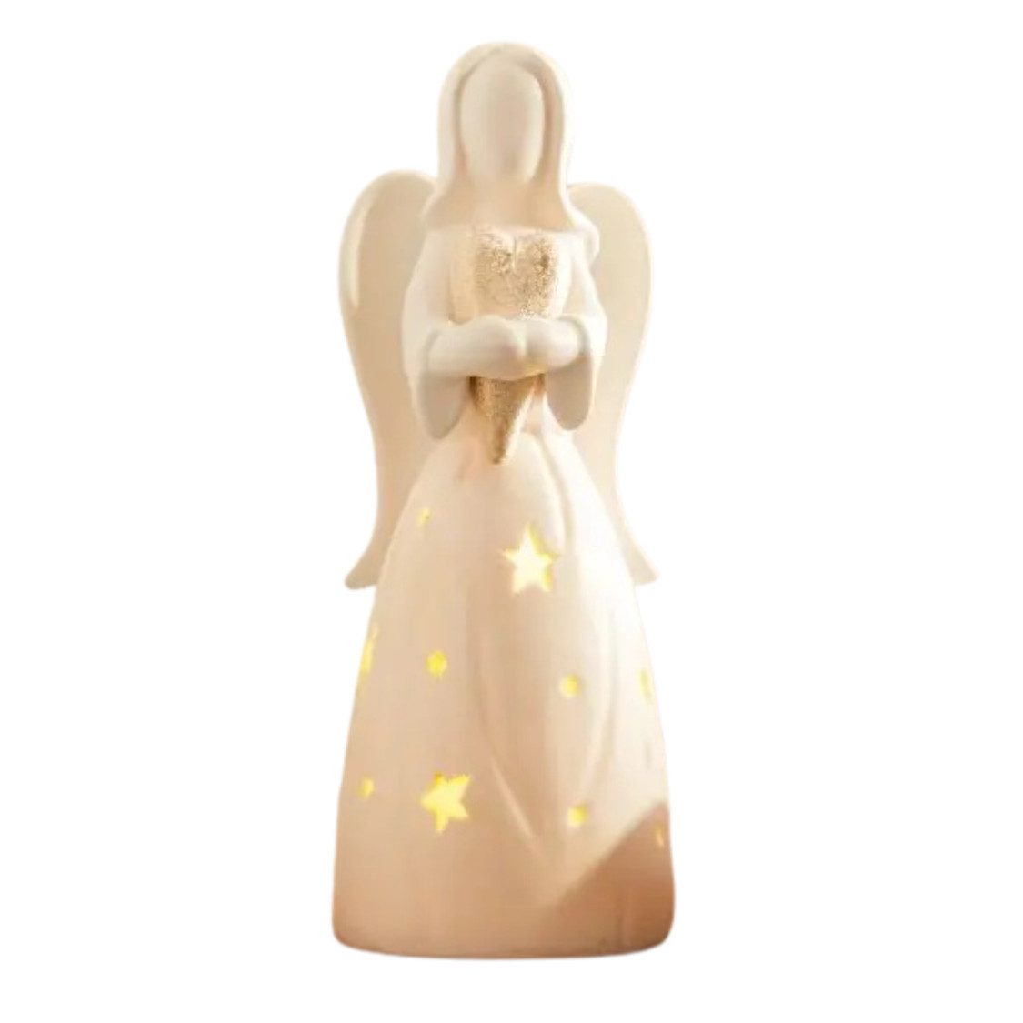 Home-trends24.de LED Dekofigur Engel mit Herz Windlicht weiss Porzellan Figur Weihnachten 20 cm