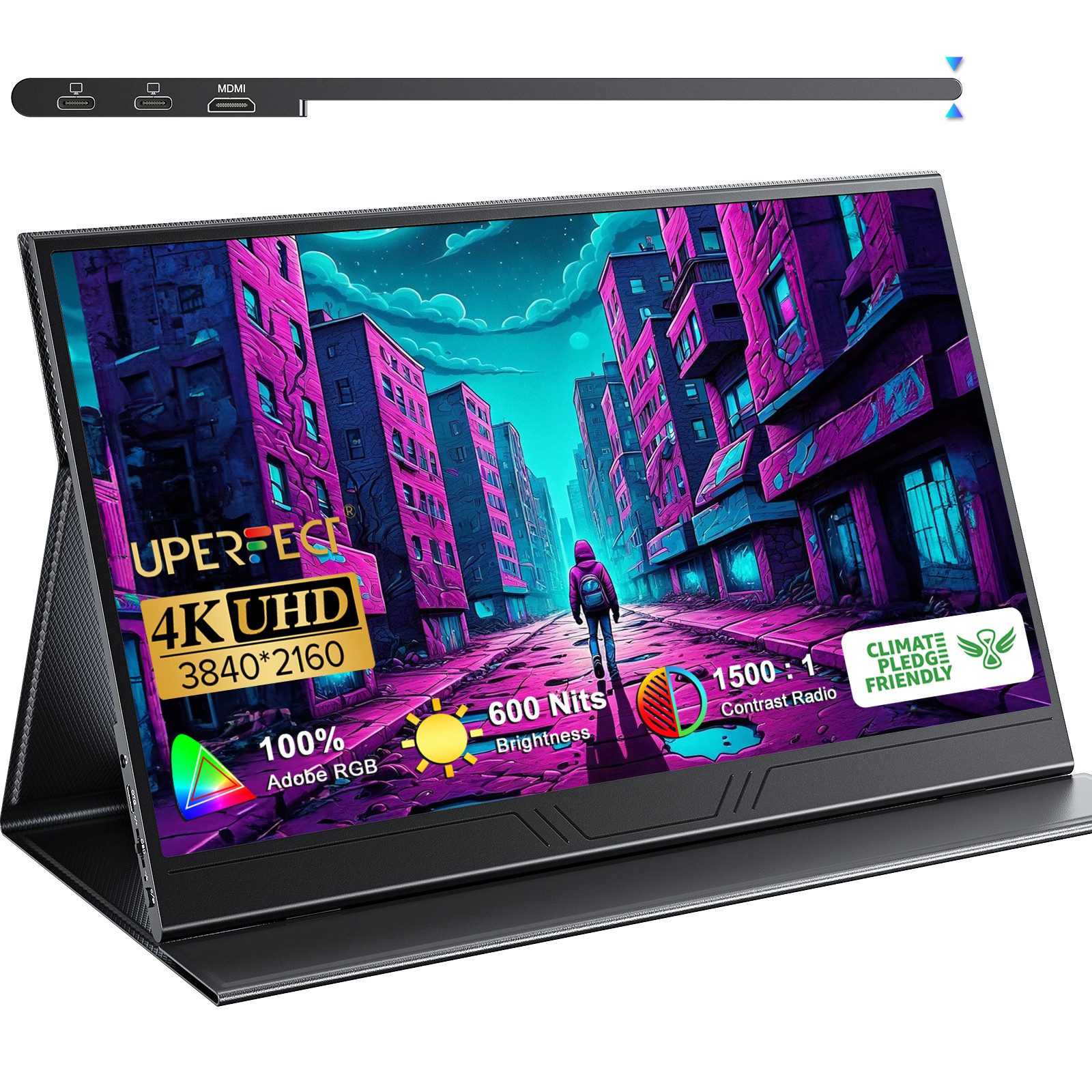 UPERFECT Tragbarer Monitor, Gaming Monitor, 4K-Monitor, 100 % AdobeRGB Portabler Monitor (39,62 cm/15.6 ", 3840x2160 px, 4K UHD, 35 ms Reaktionszeit, 60 Hz, IPS)