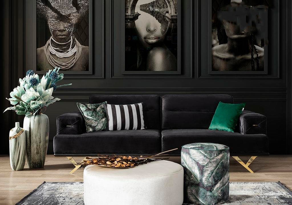 Textilmöbel Couch Luxus, Edelstahl JVmoebel Europe Teile, Wohnzimmer in 1 Sofa Sofa Moderne Made Schwarzes