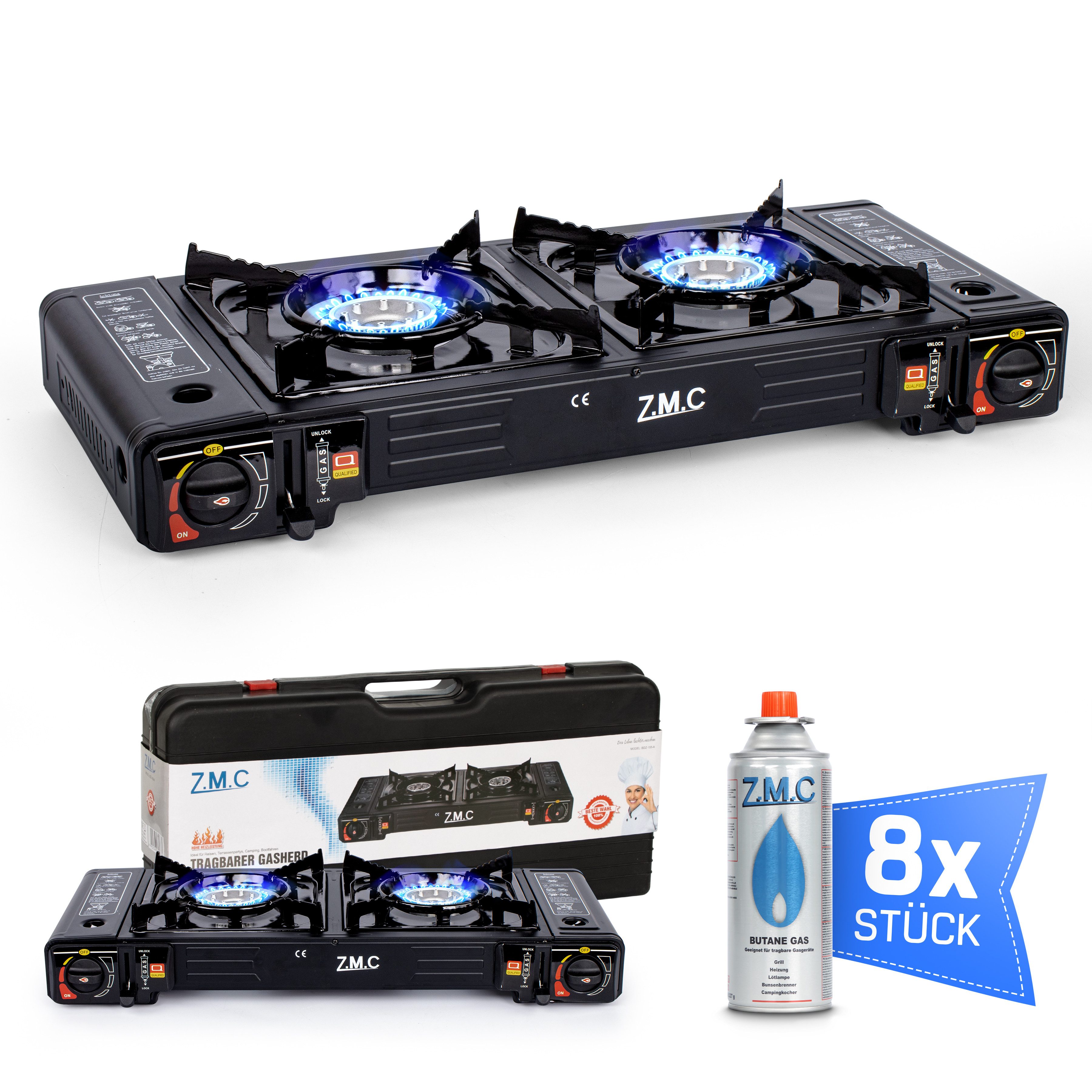 ZMC Gaskocher Doppel Kartuschenkocher Gaskocher 2 Flammig + 8x Gaskartuschen 227g, (mit automatische Piezo-Zündung Wärmeleistung: 2,3KW, mit automatische Piezo-Zündung Wärmeleistung: 2,3KW), Outdoor Gas Campingkocher 2Fach Gasherd Ofen Butan Kochfeld Gas Kocher