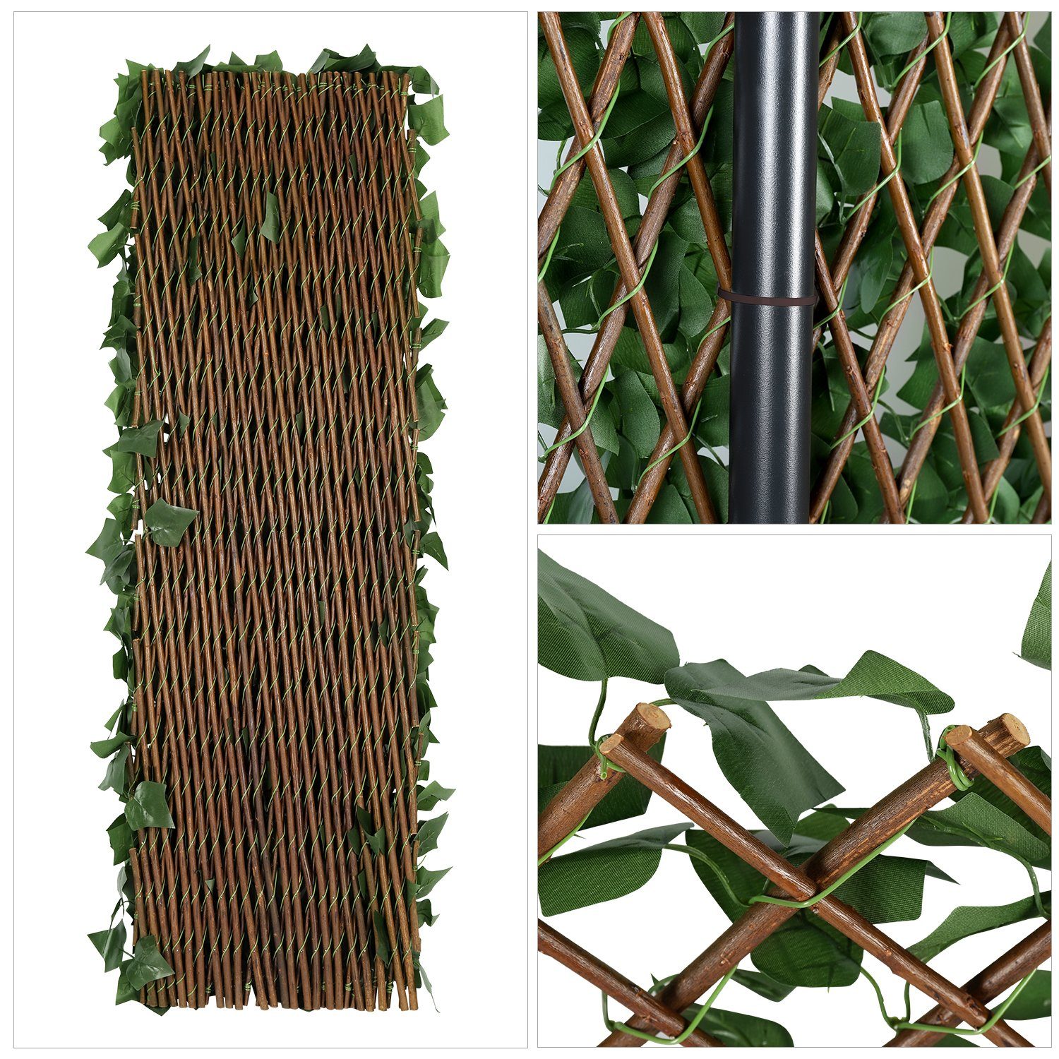 Sekey Weidenzaun Sichtschutzzaun mit Efeu Weidenmatte Sichtschutz Balkon ohne Bohren, Ausziehbare Sichtschutzhecke Windschutz Blätter Zaun Kunstpflanzen
