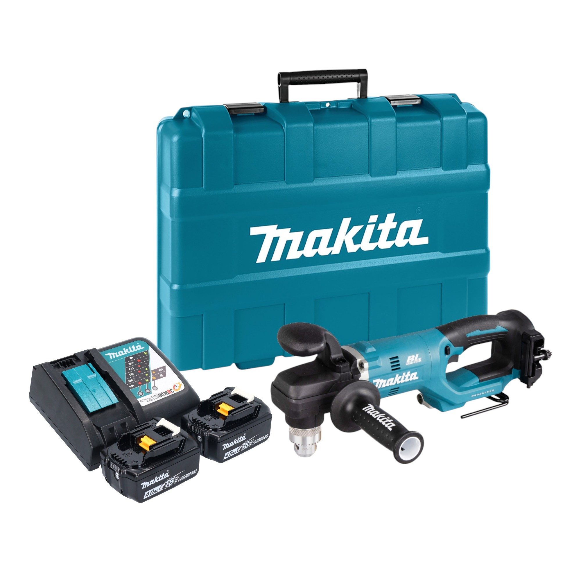 Makita Akku-Winkelbohrmaschine DDA 450 RMK 18 V 70 Nm Brushless + 2x Akku 4,0Ah + Ladegerät + Koffer