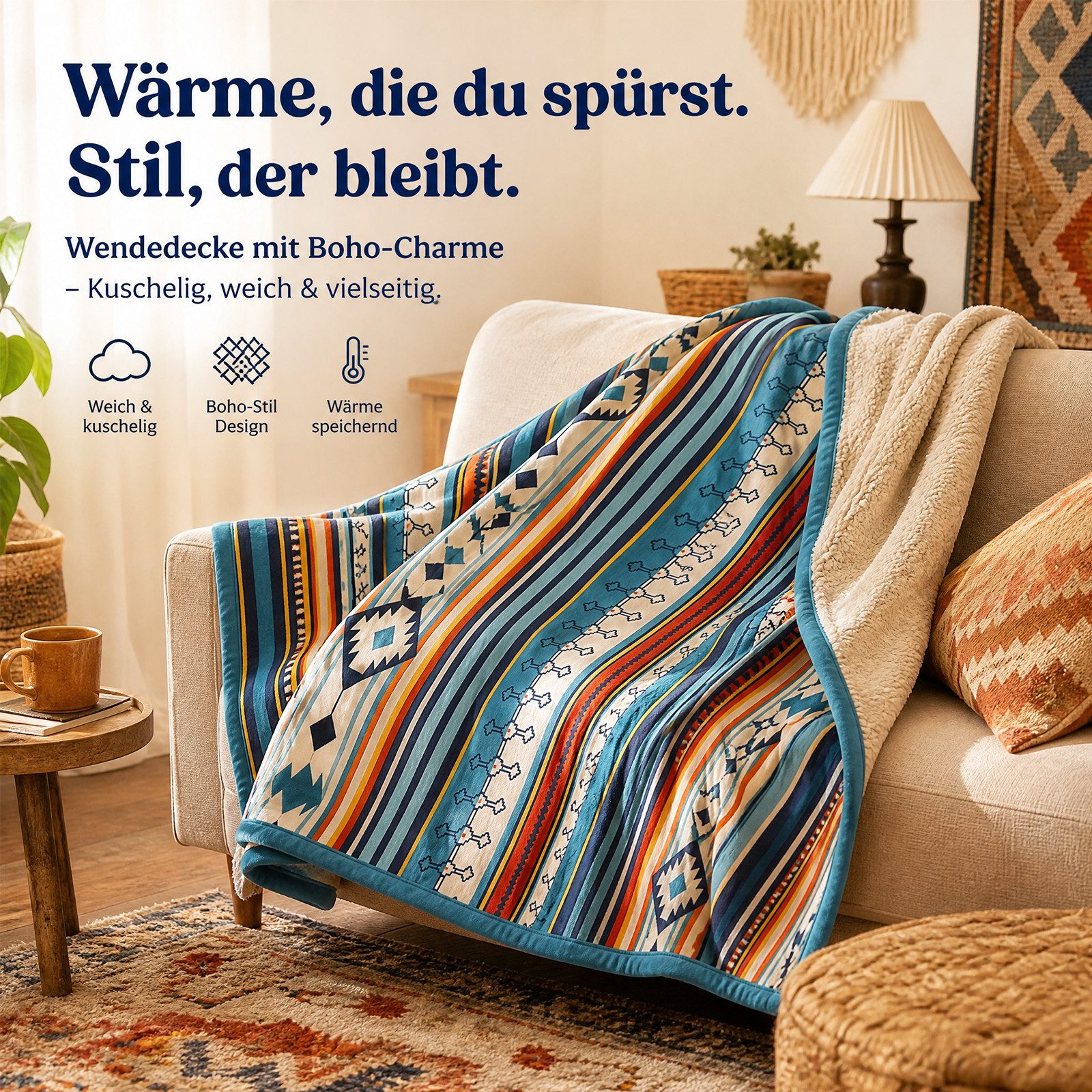 Wohndecke Kuscheldecke Fleecedecke 127x152 / 150x200 cm, weich & warm, PFCTART, Flauschige Decke, wendbar, 100 % Mikrofaser mit Aztekenmuster – Bild 2 von 5