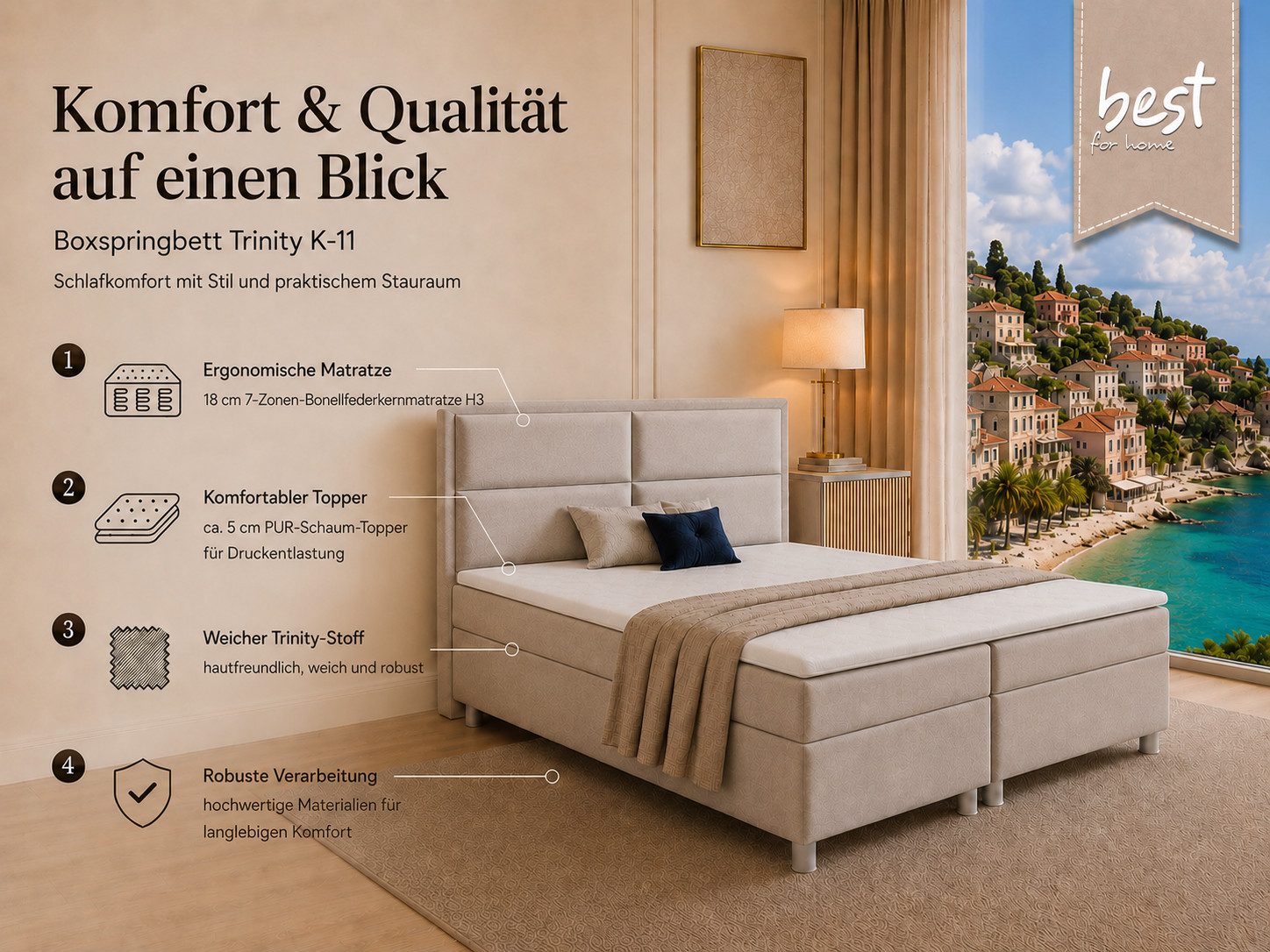 Best for Home Boxspringbett mit Bettkasten Doppelbett mit Stauraum & Topper 7-Zonen Komfort (Polsterbett Doppelbett Boxbett mit gepolstertes Kopfteil, versch. G – Bild 3 von 5