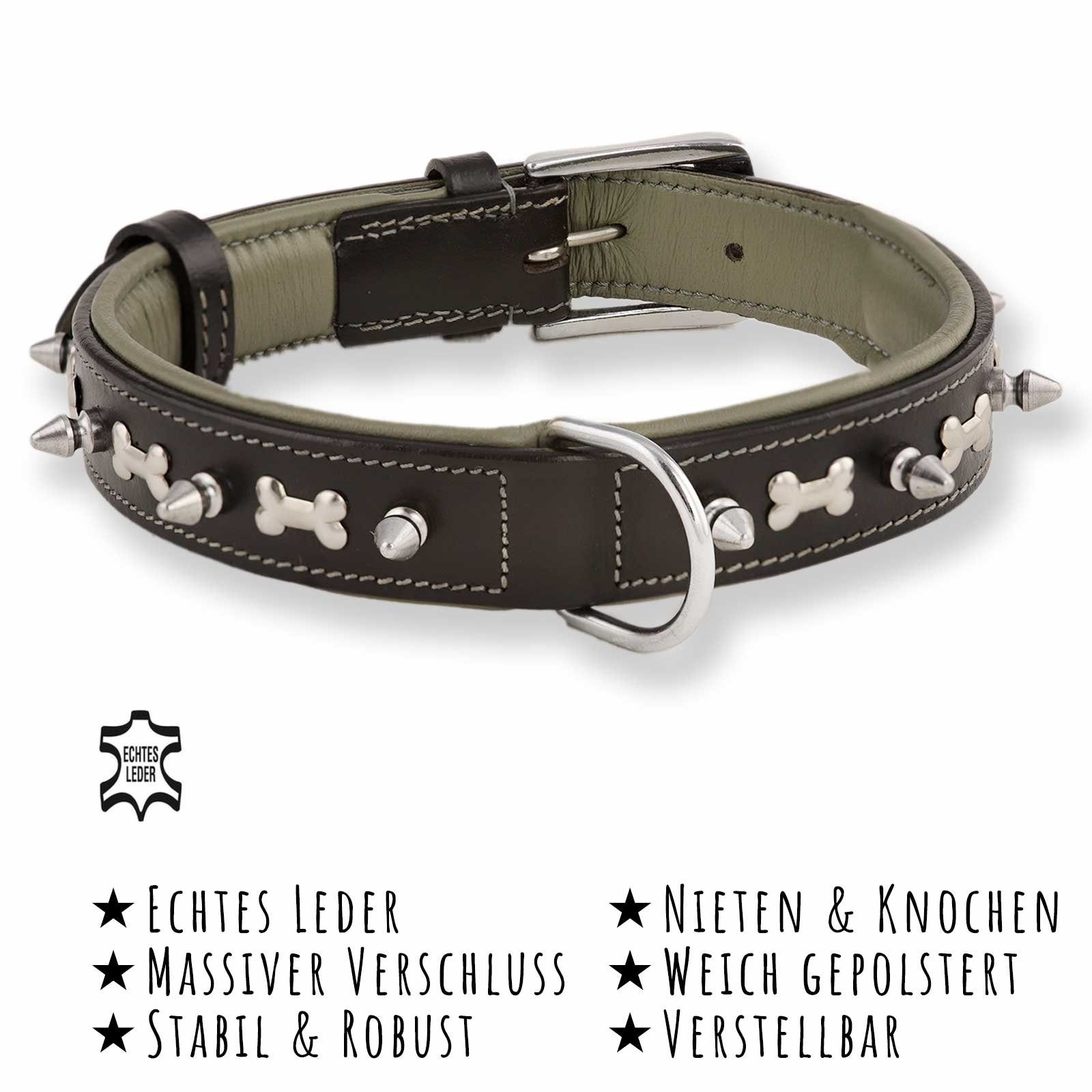Thumbnail - Monkimau Hunde-Halsband Hundehalsband aus Leder mit Knochen und Nieten verziert, Leder