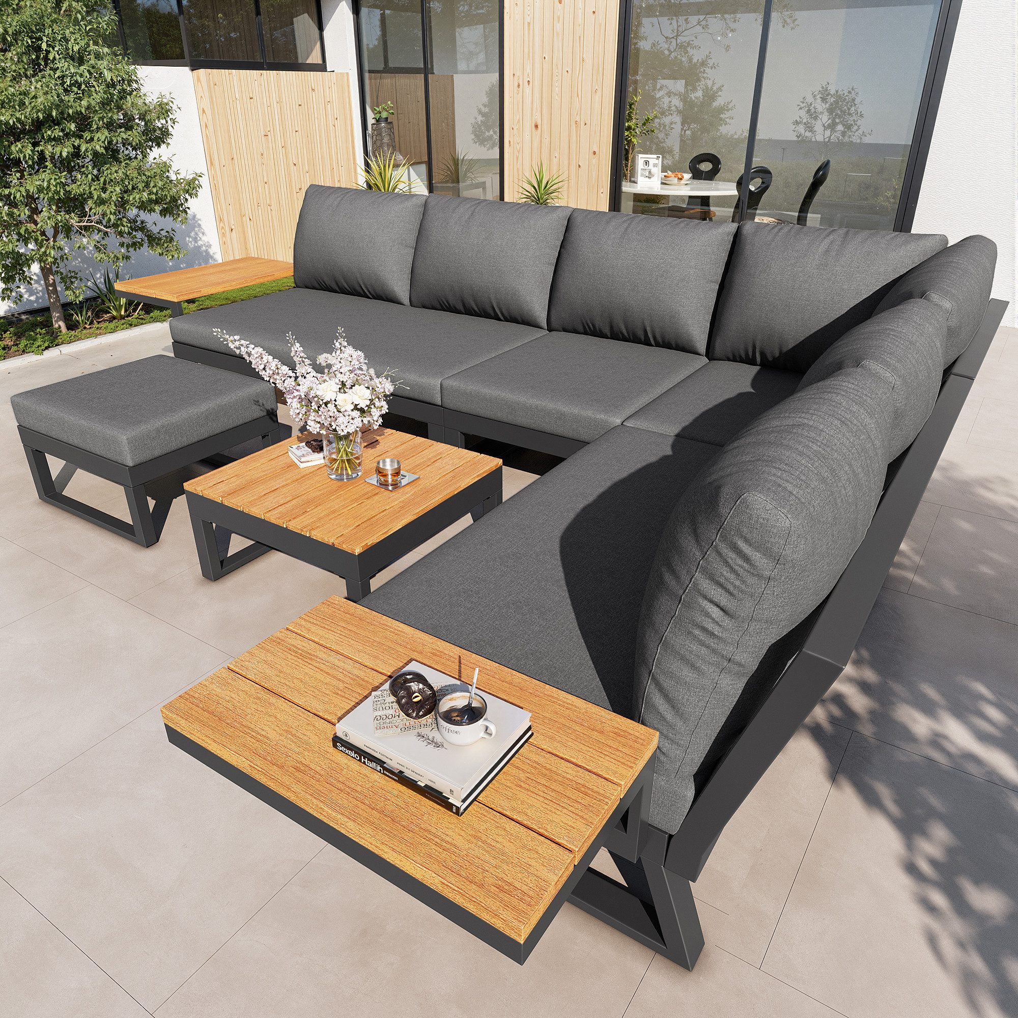 HAUSS SPOLE Gartenlounge-Set 7 Sitzer modular,Ecksofa-Loungeset kombinierbare Elemente mit Tisch