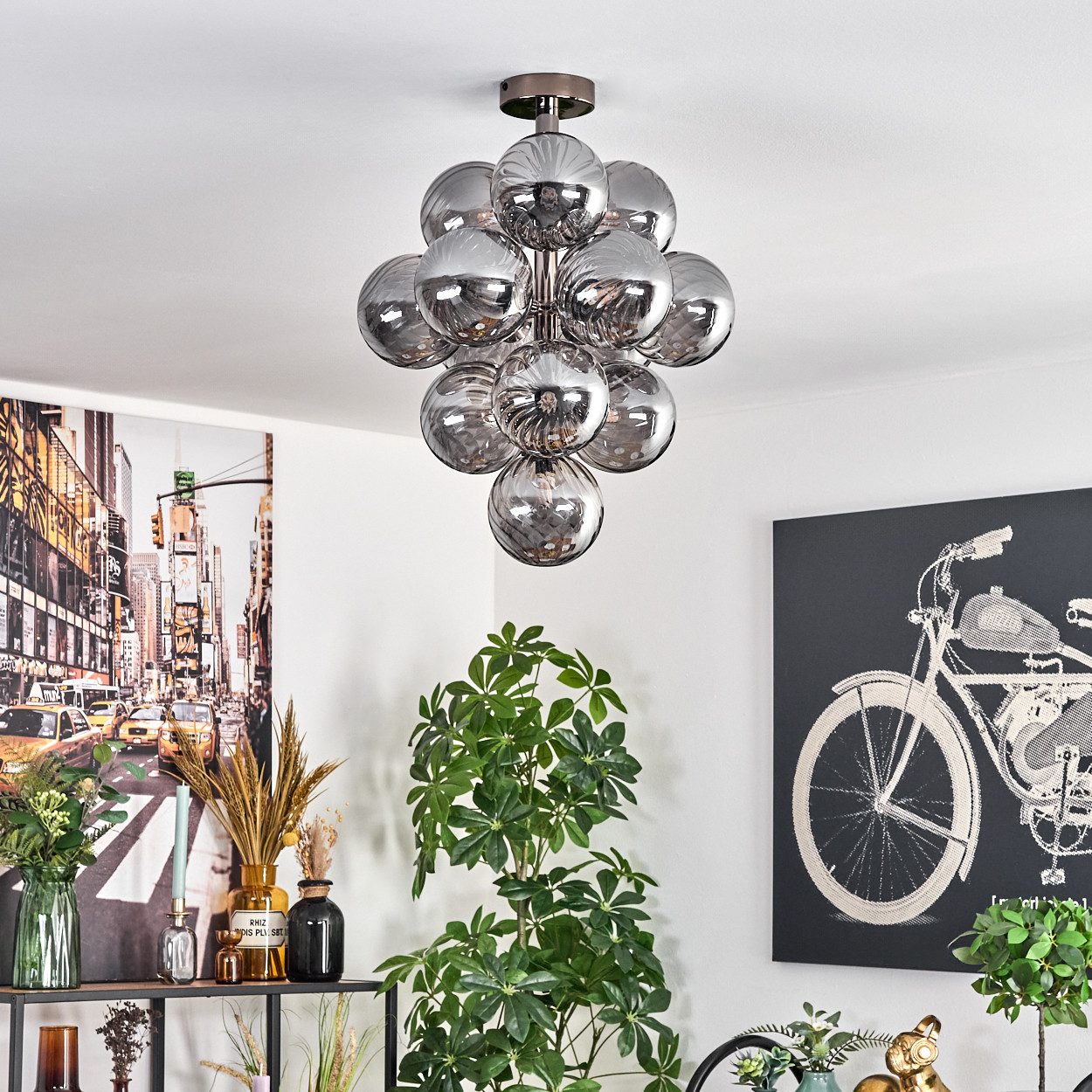 hofstein Deckenleuchte Deckenlampe aus Metall/Riffelglas in Schwarz/Rauchfa günstig online kaufen