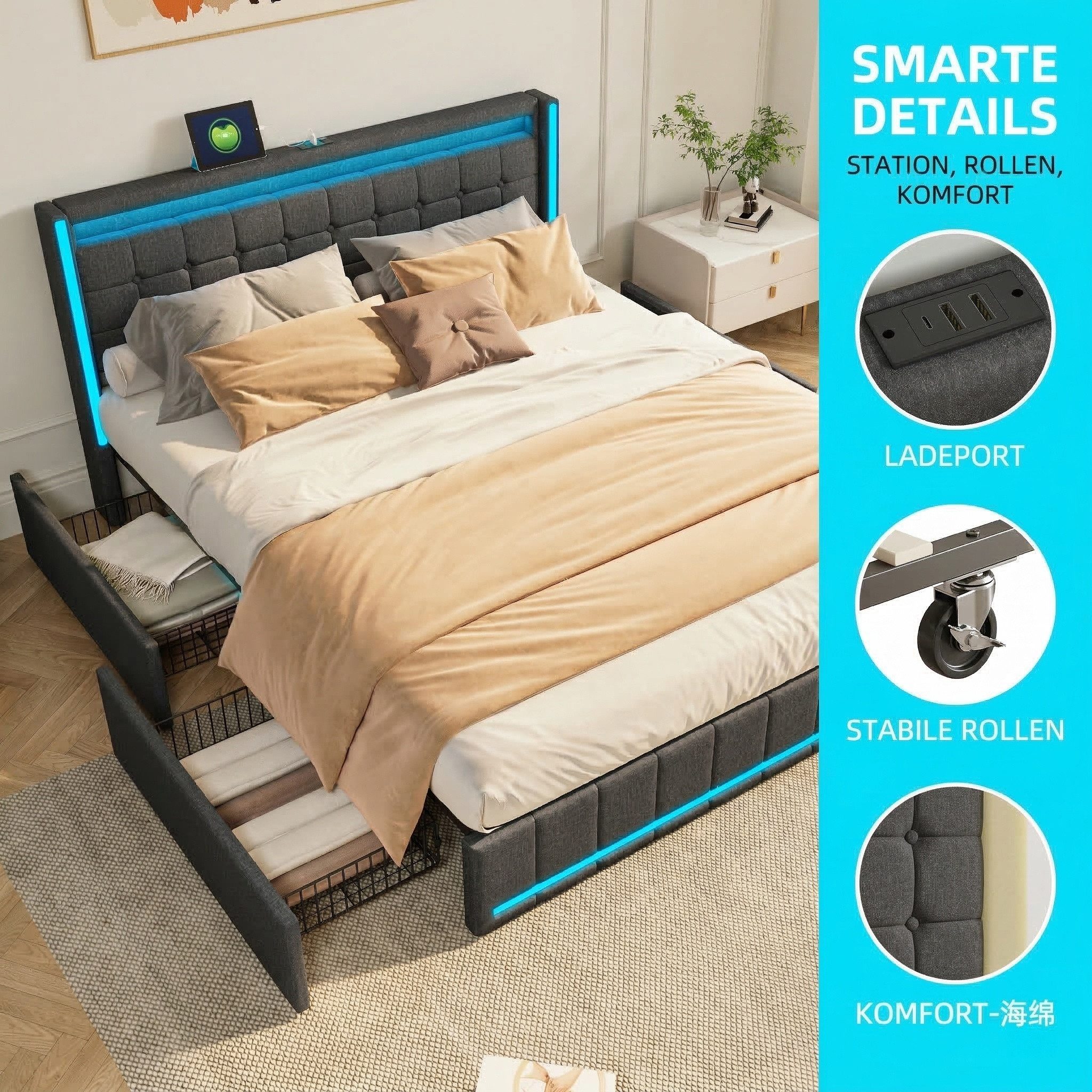 Furnishings Home Polsterbett Doppelbett Stauraumbett LED (4 Schubladen), Mit LED-Beleuchtung, USB + Type-C, Schubladen, Leinen, 180x200 cm