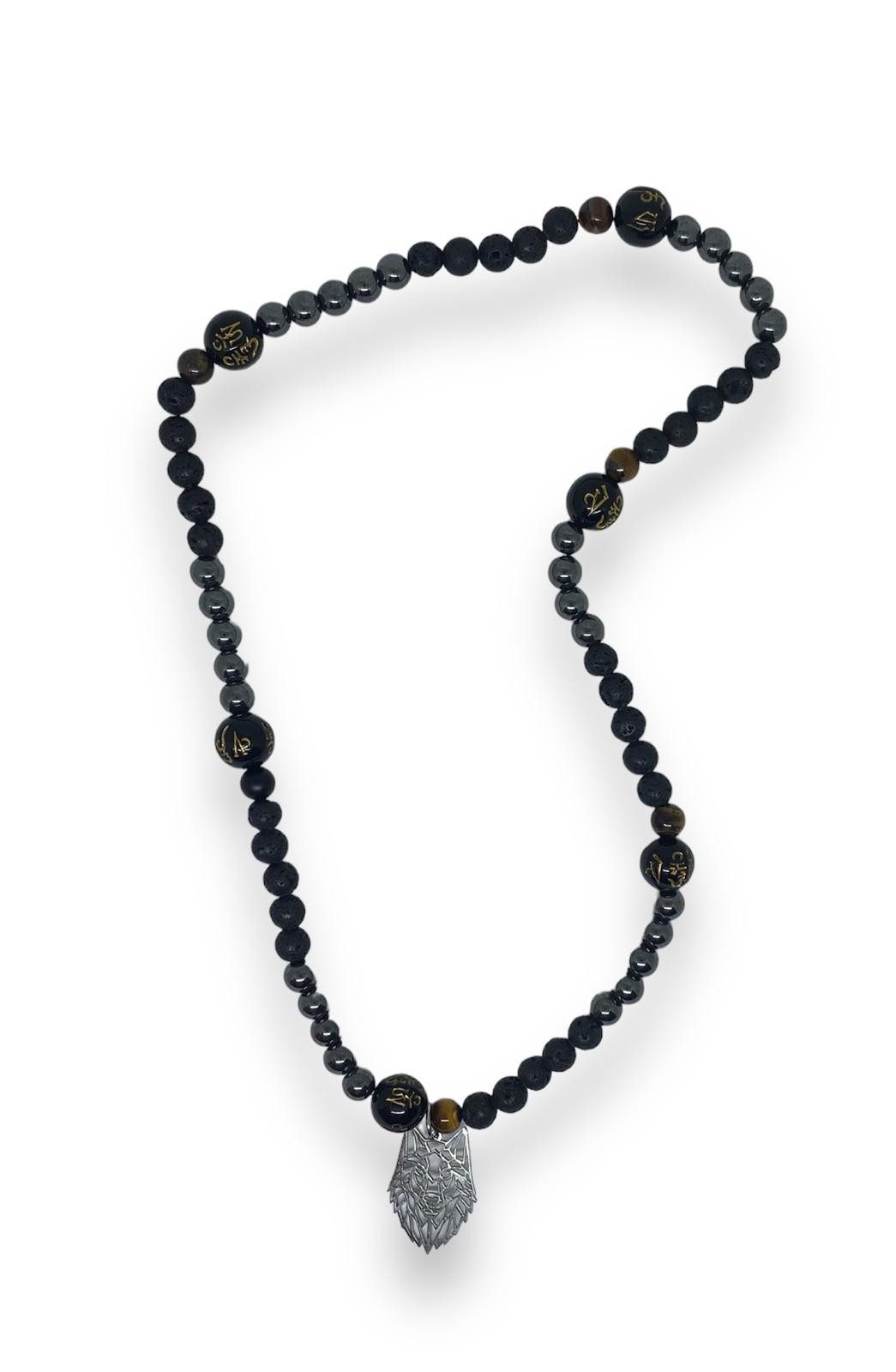 Perlenkette Lava Hämatit Perlenkette Mala Perlen und Wolfsanhänger Hand Made