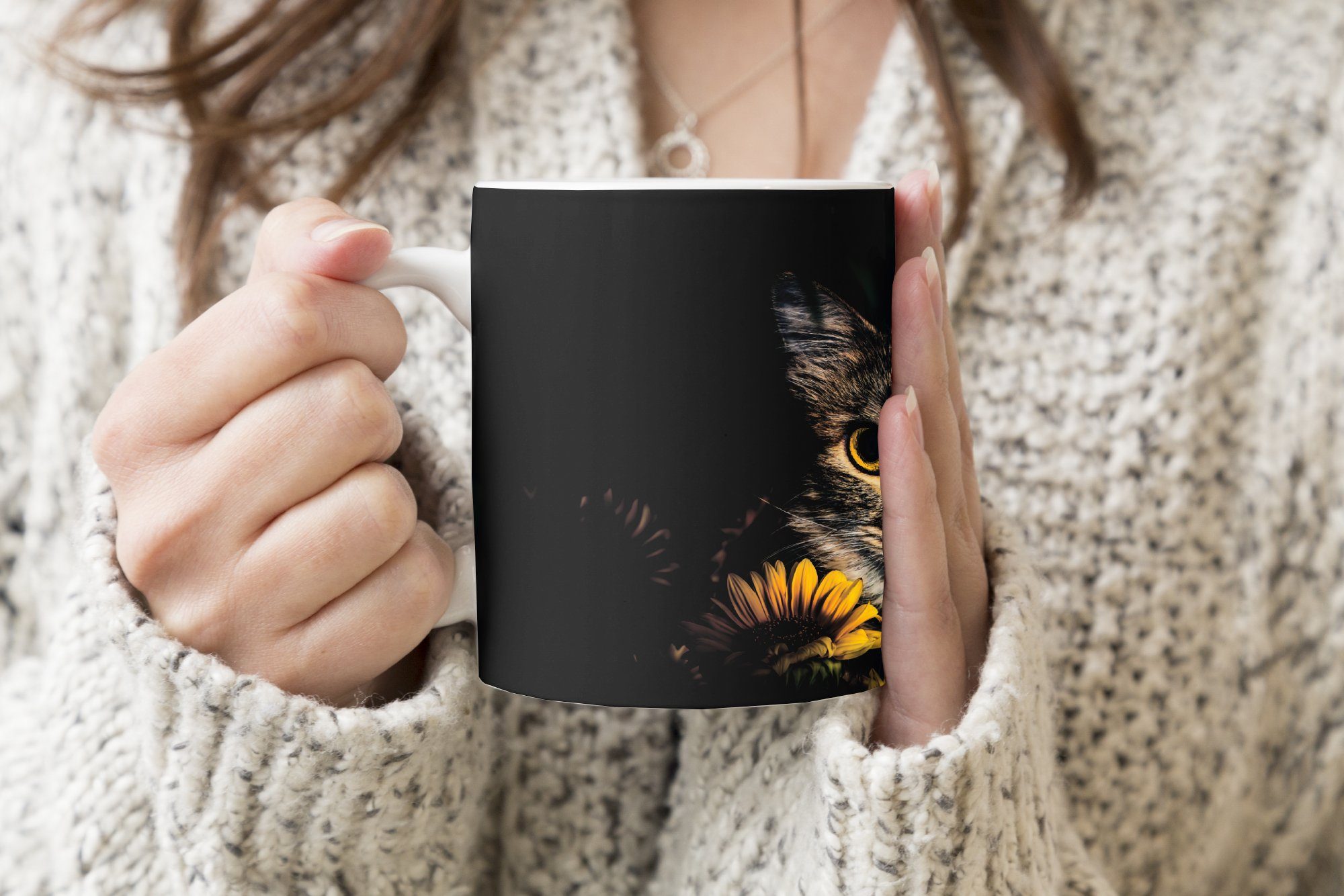 Keramik, - Blumen Kaffeetassen, - MuchoWow Gelb Teetasse, Tasse Geschenk Teetasse, Botanisch, Katze - Becher,