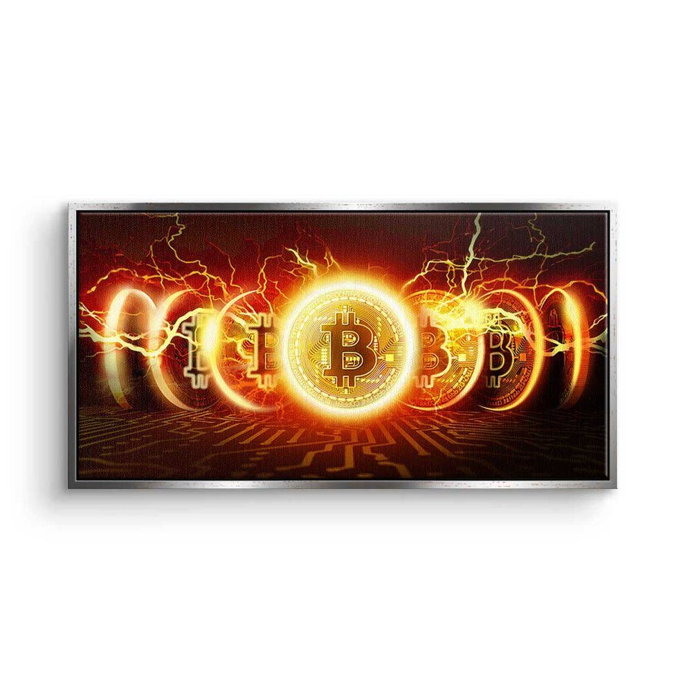 DOTCOMCANVAS® Leinwandbild Bitcoin Fire Explosion, Premium Leinwandbild - Crypto - Bitcoin Fire Explosion - Trading silberner Rahmen