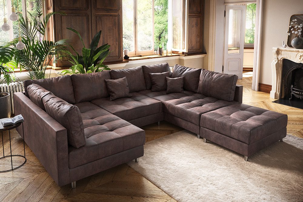 riess-ambiente Wohnlandschaft KENT 305cm antik braun - Federkern, modern, inkl. Hocker u. Kissen, Set 2 Teile, Wohnzimmer · XXL · U-Form · Federkern · Microfase – Bild 3 von 5