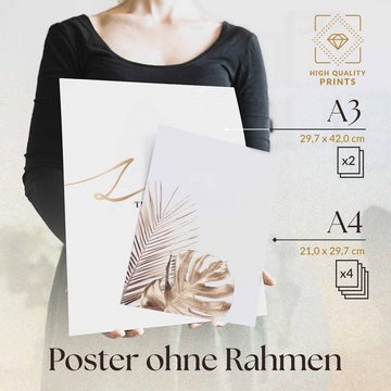 Heimlich Poster Set als Wohnzimmer Deko, Bilder DINA3 & DINA4, Gold Dekor Pflanzen, Pflanzen