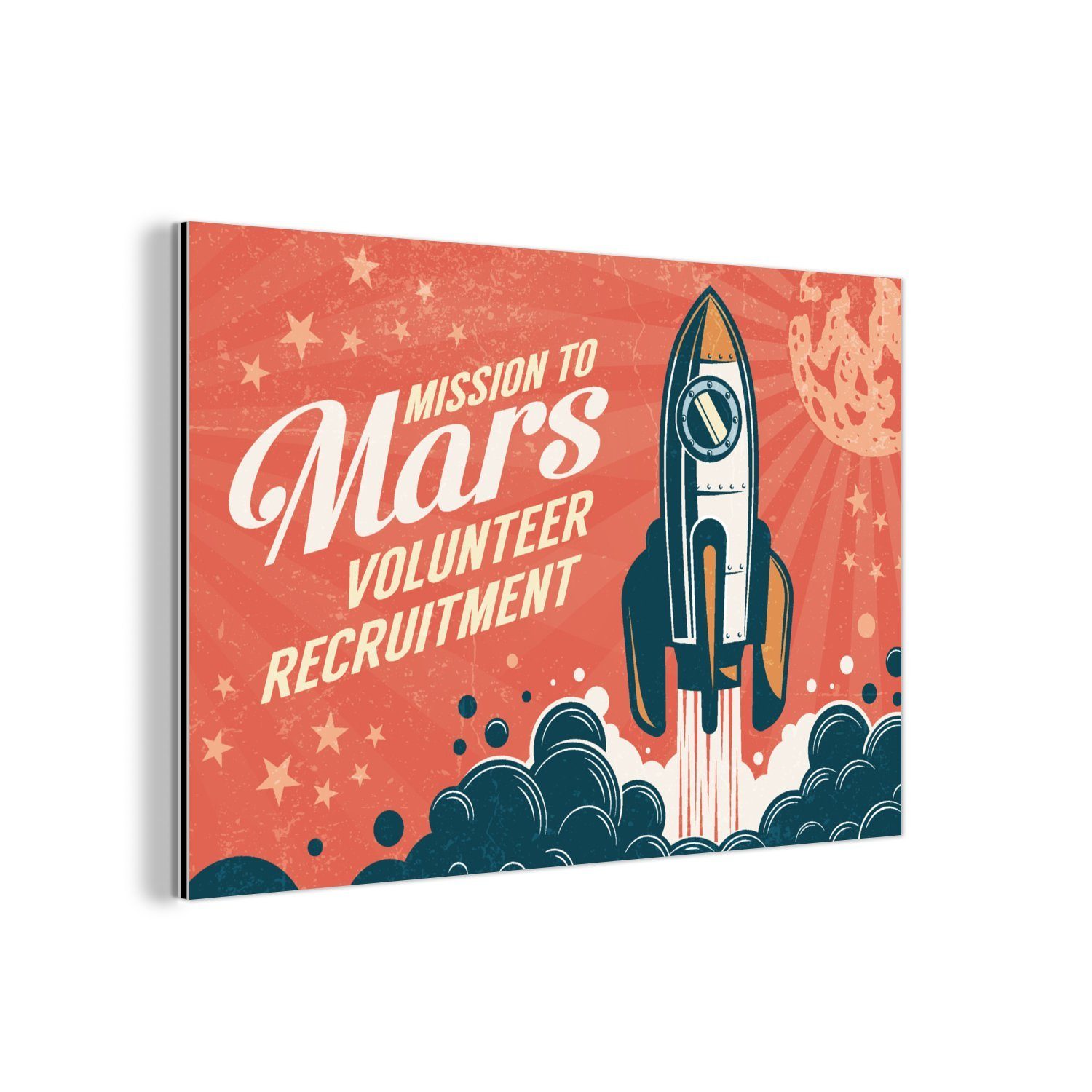 MuchoWow Metallbild Vintage - Rakete - Mars - Zitate - Mission zum Mars - Freiwillige, (1 St), Wohnzimmer Dekoration aus Alu, Industrial, Metallbilder, Gemälde