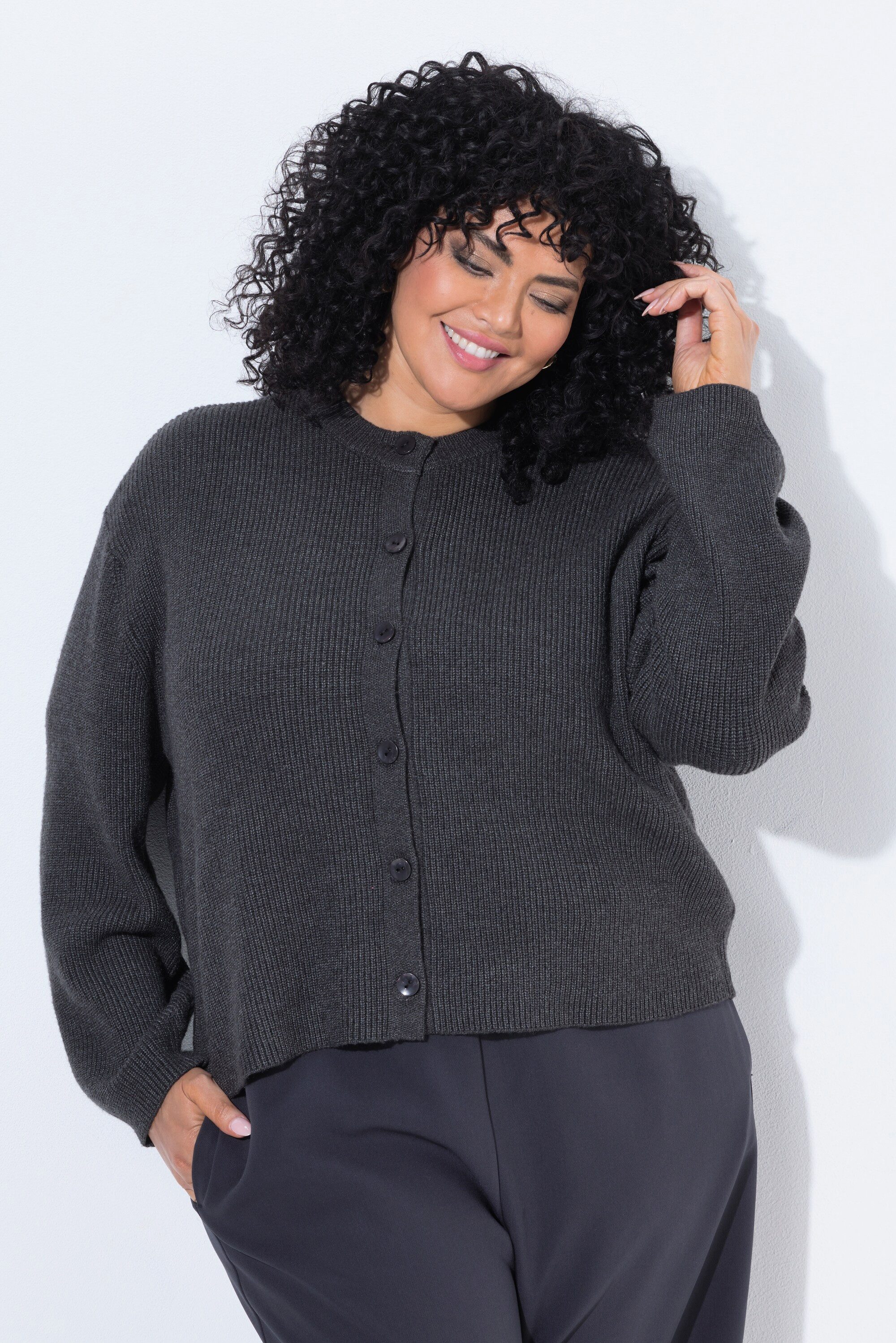 Ulla Popken Strickjacke Strickjacke offenkantig Rundhals Ballon-Langarm