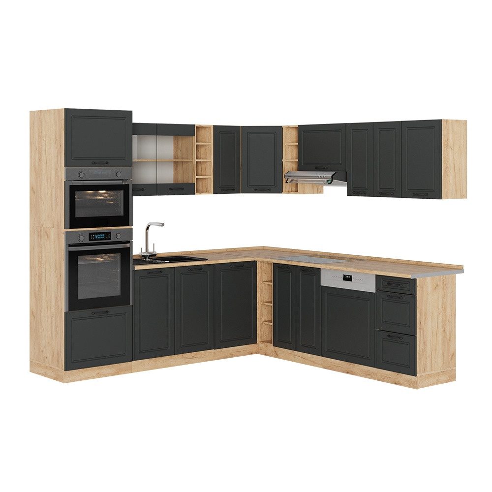 Vicco Winkelküche R-Line, Anthrazit Landhaus/Goldkraft Eiche, 247 x 237 cm, AP Eiche