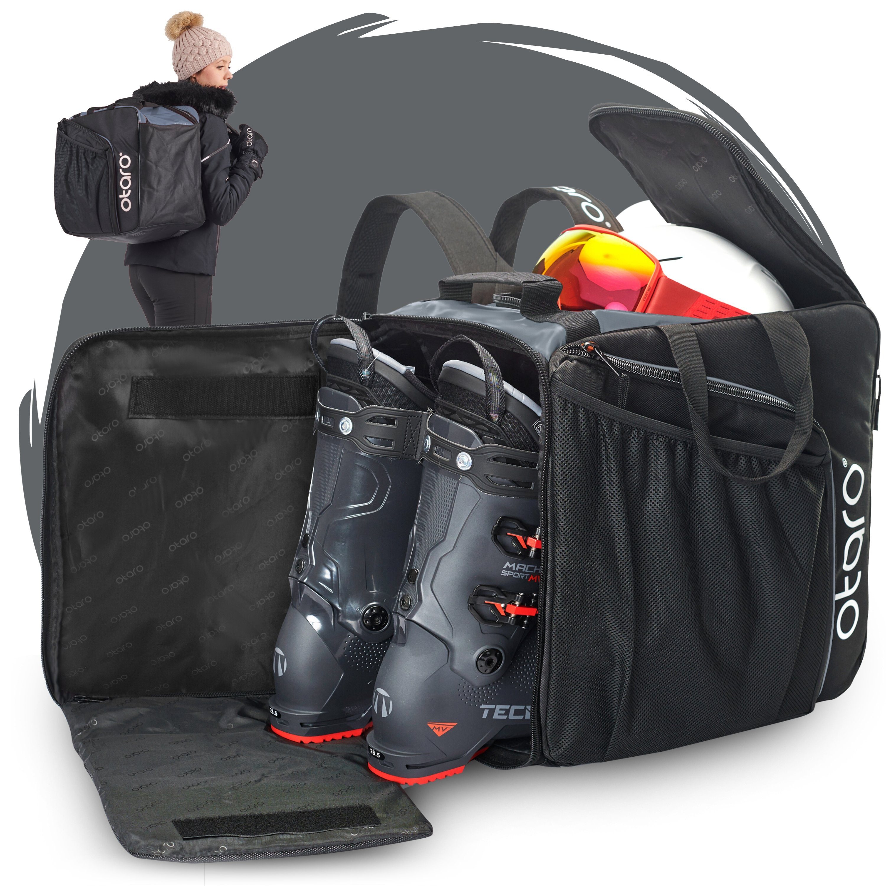 Otaro Sporttasche Skischuhtasche mit Helmfach & bequemen Rucksackträger, Pro 57L (Schutz für deine Ausrüstung, Perfekt durchdacht, ausklappbare Standfläche, für Skifahrer & Boarder) Schwarz Felsgrau