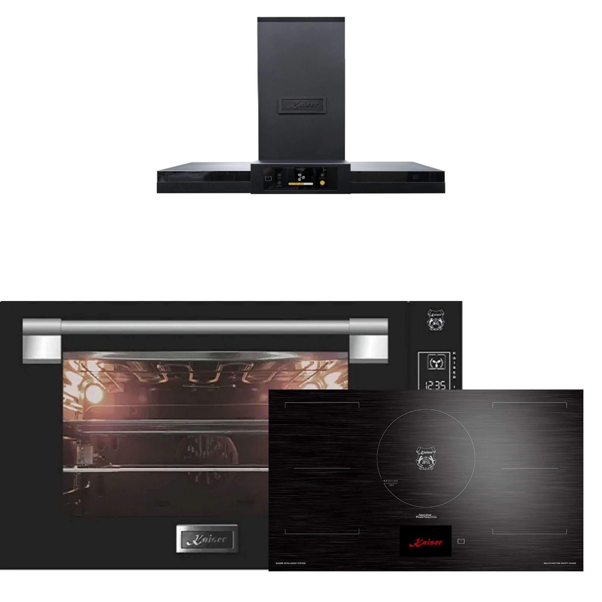 Kaiser Küchengeräte Backofen-Set Herd Set Autark Einbau Backofen 90 cm 105L Schwarzes Glas TouchControl mit Induktionskochfeld 90 cm TFT Display, FREE Zone mit Dunstabzugshaube 90 cm TFT Display 1100 m3/h EH 9309+KCT 9140 FI+AT 9342, mit 1-fach-Teleskopauszug, Katalytische Selbstreinigung, Einbau Backofen 90 cm+Induktionskochfeld 90+Wandhaube 90 cm