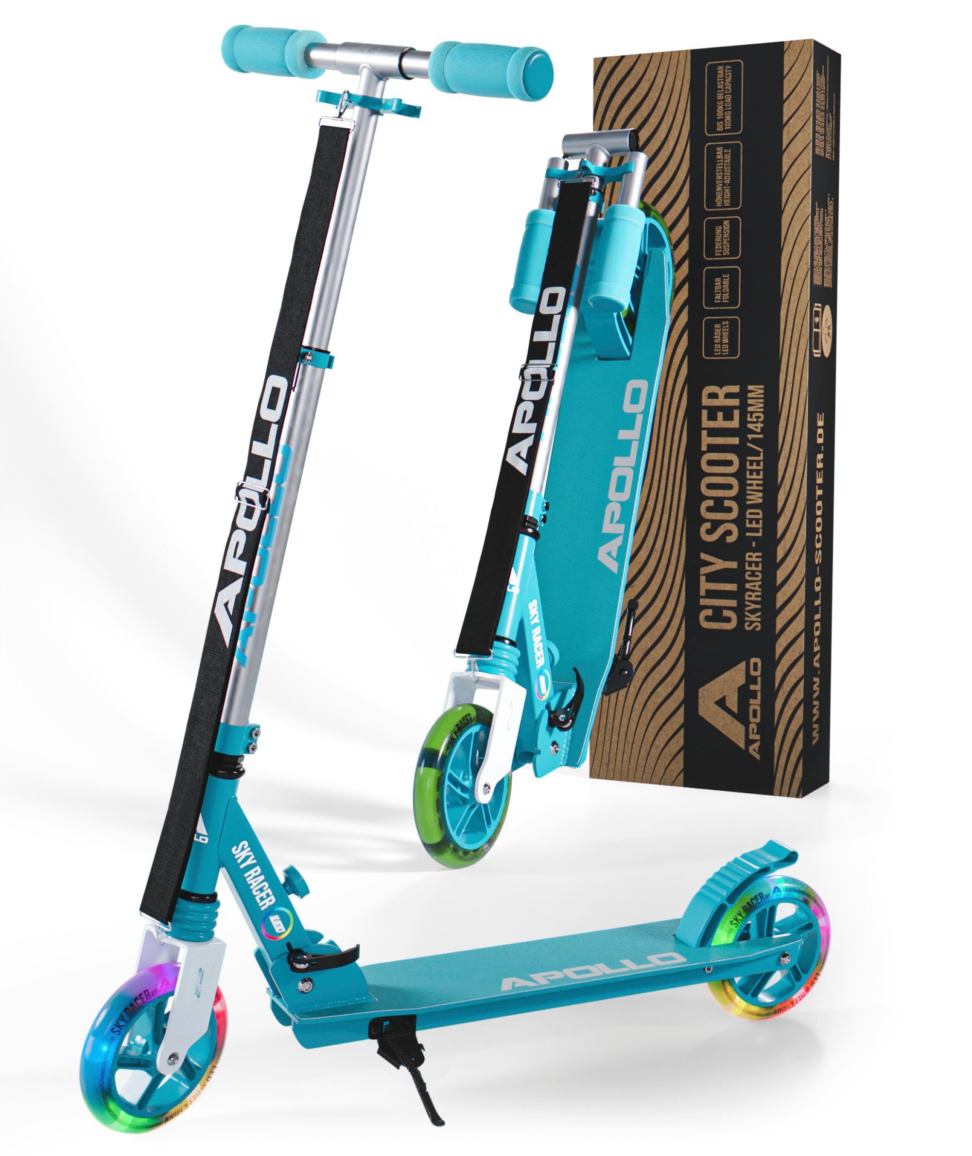 Apollo Cityroller Skyracer LED City Scooter Kinder, Tretroller mit Federung, klappbarer Kinderroller, höhenverstellbar