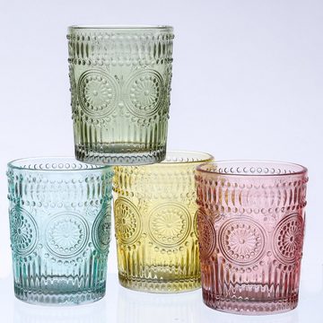 MARELIDA Glas Trinkglas gelb 280ml Wasserglas Saftglas Vintage Boho Blumenmuster, Glas