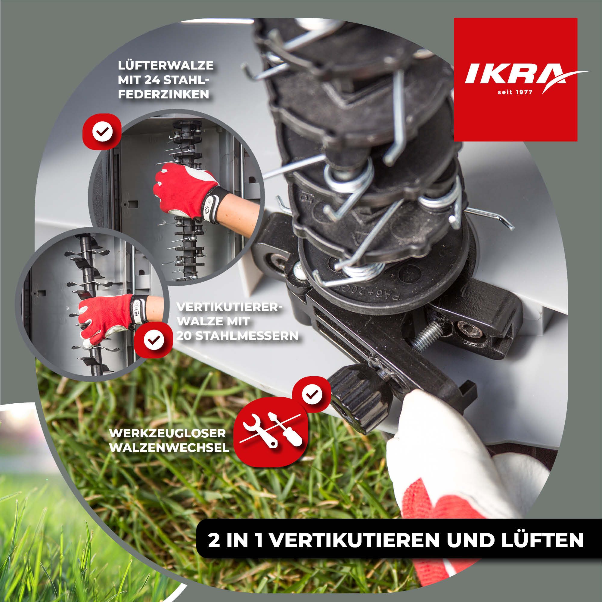 ikra GmbH Elektro-Vertikutierer IEVL 1840, 40 cm Arbeitsbreite, (inkl. Walzen & 55l Fangkorb), 2in1 Gerät, 1.800 Watt, werkzeugloser Walzenwechsel – Bild 5 von 5