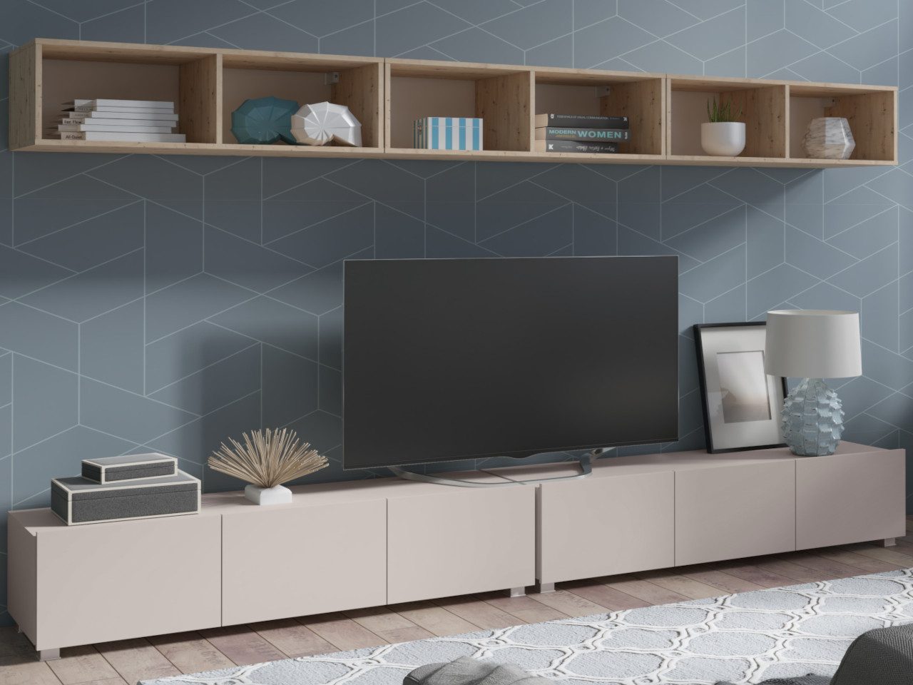 MOEBLINE Wohnwand Medienwand Anbauwand CABRIA 33 kaschmir TV Lowboard Hängeschränke