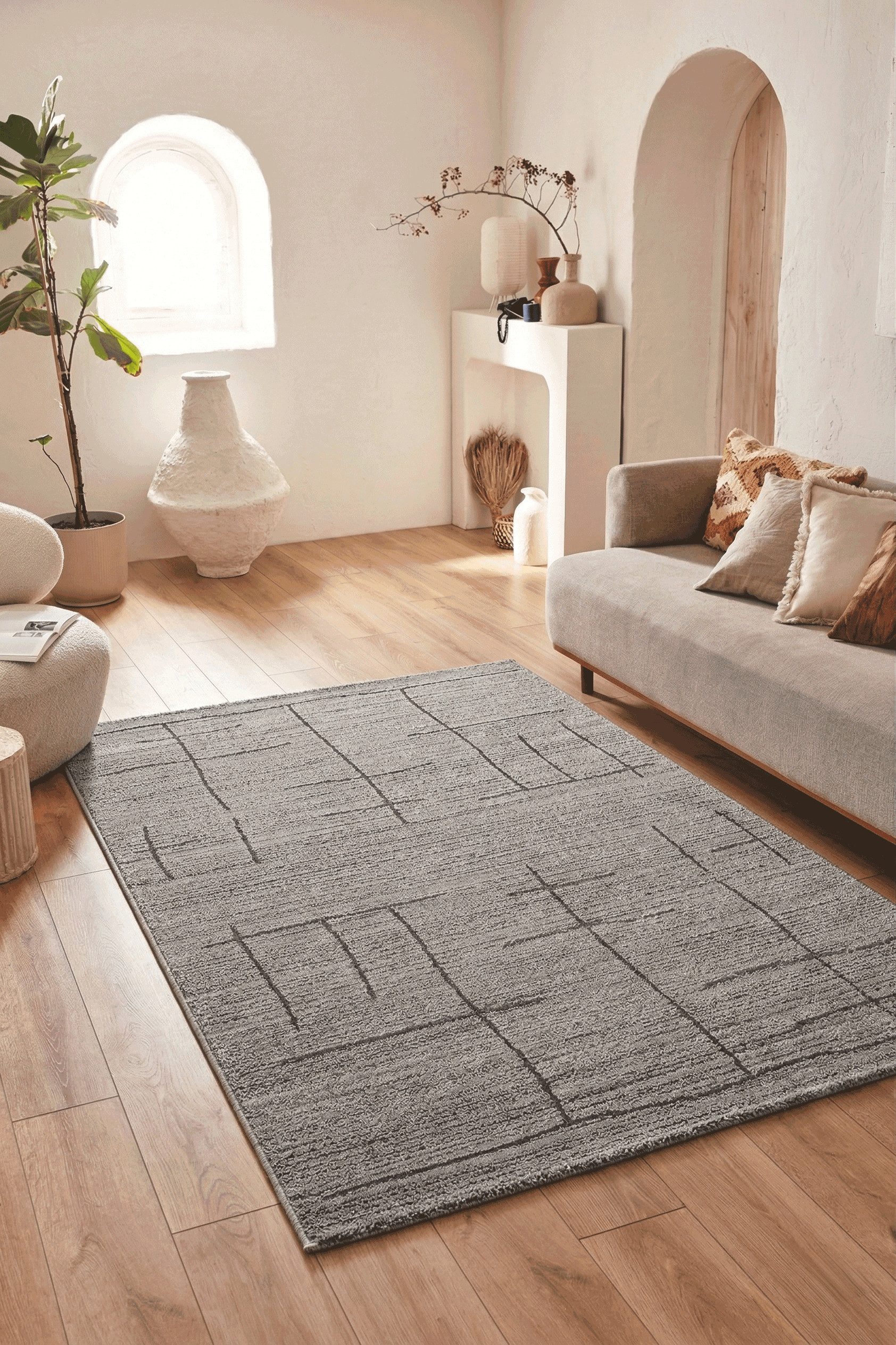 Vimoda Teppich Boho und skandinavischen Stil, Creme & Grau, Rechteckig, Höhe: 10 mm, Läufer kurzflor Eckig, Wohnzimmer, Schlafzimmer, Flur