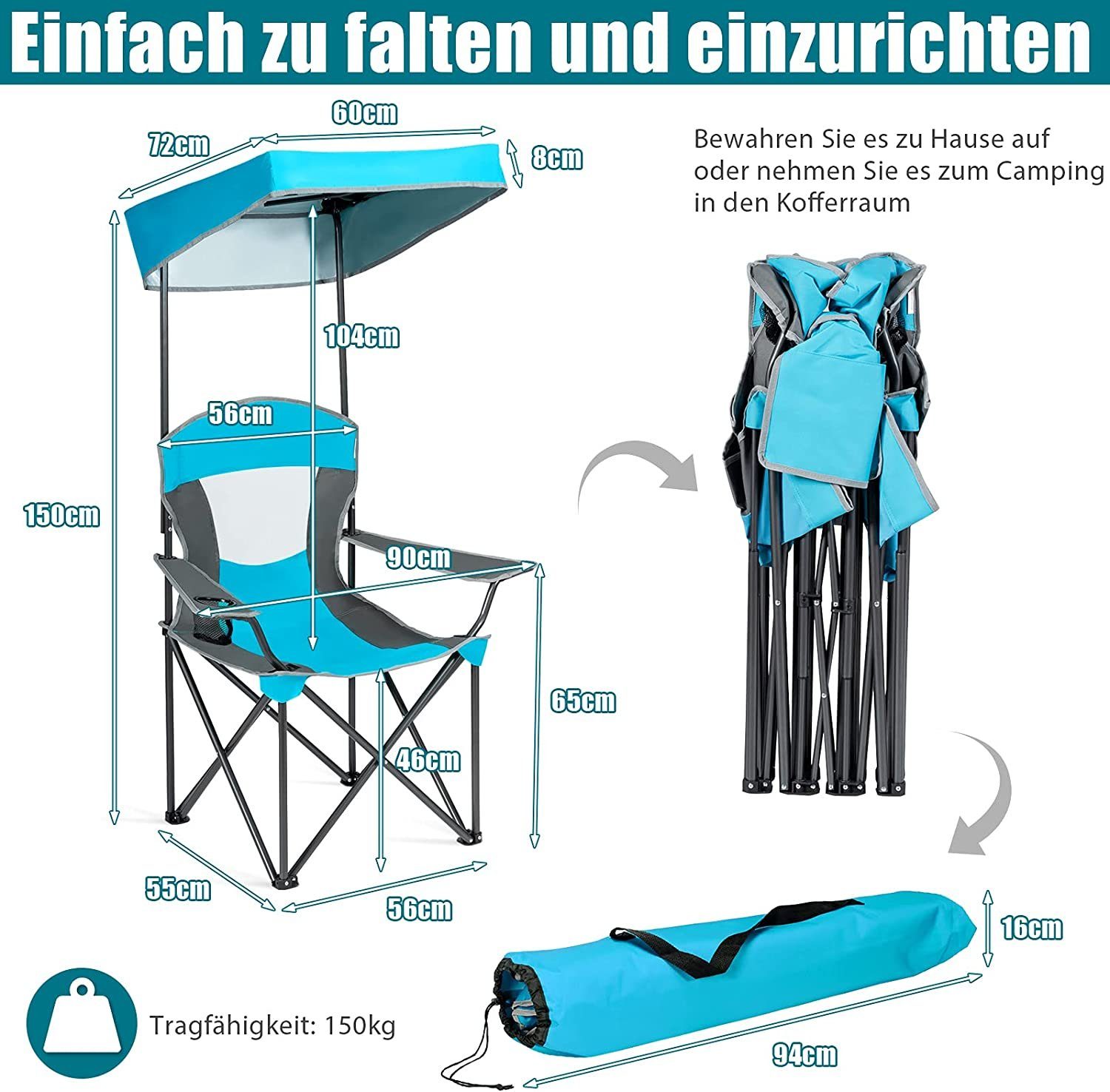 Campingstuhl bis 150kg,blau Klappstuhl, KOMFOTTEU