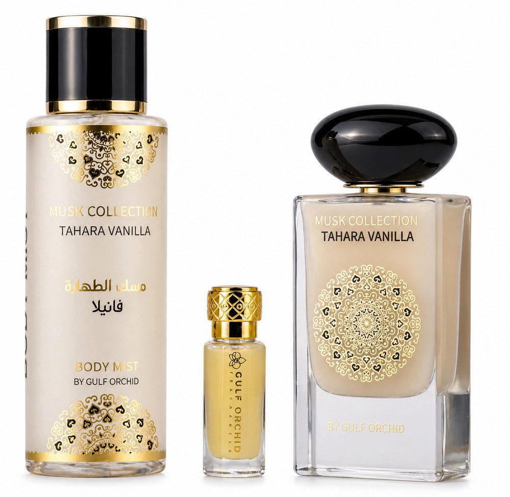 Gulf Orchid Duft-Set Tahara Vanilla EDP Geschenkset 3 teilig + Parfümzerstäuber (leer) Set