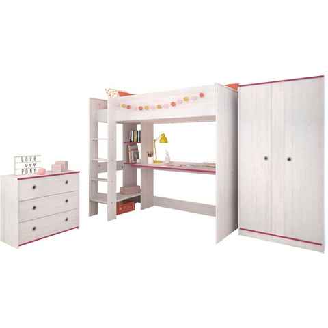 Parisot Jugendzimmer-Set Smoozy, (Set, 3-St., Hochbett mit Schreibtisch, Kleiderschrank und Schubkastenkommode)