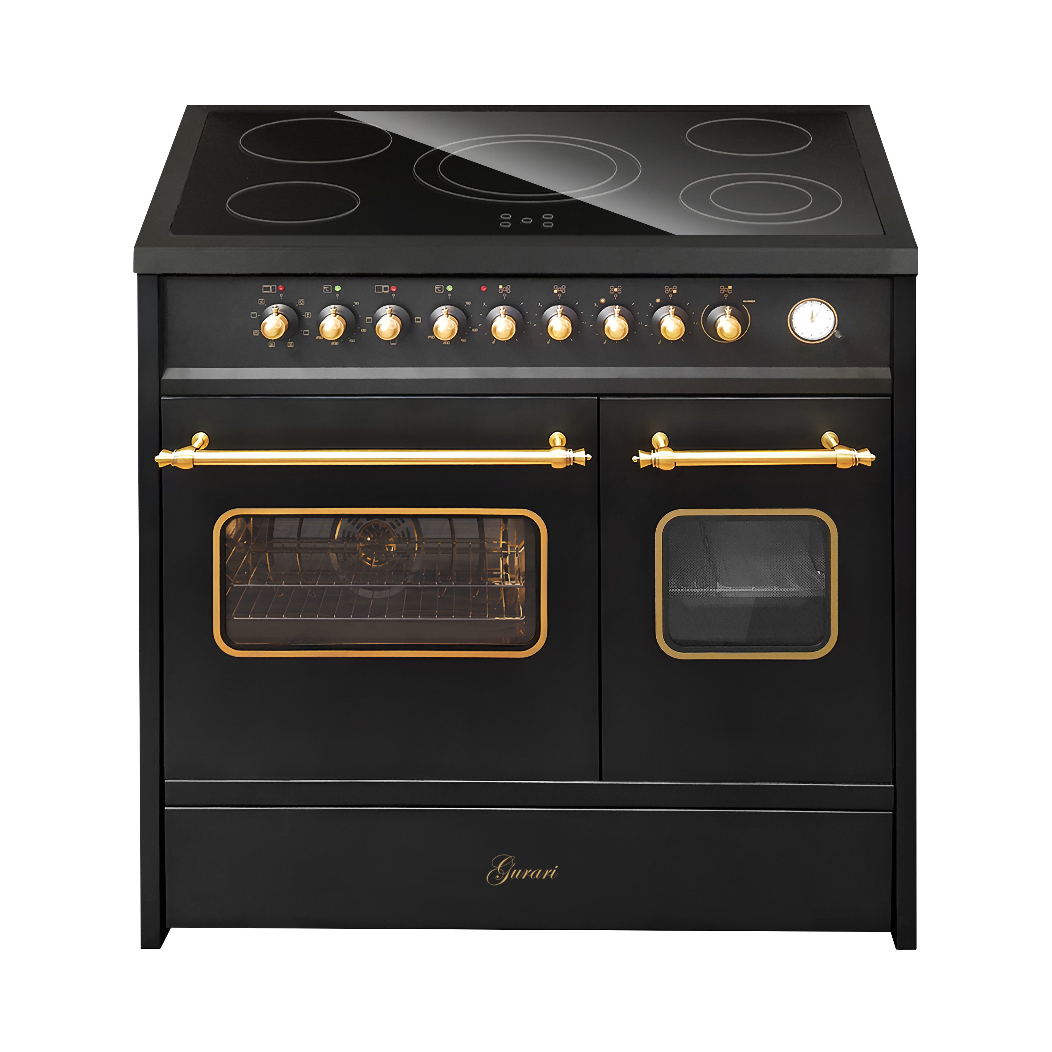 GURARI Elektro-Standherd Glaskeramik Herd 90 cm Schwarz Range Cooker Elektro Doppelbackofen mit Dunstabzugshaube 90 cm 1000m³/h Wandhaube Schwarz GCH E 912 DF BL r+GCH 046 Bl 9., mit 1-fach-Teleskopauszug