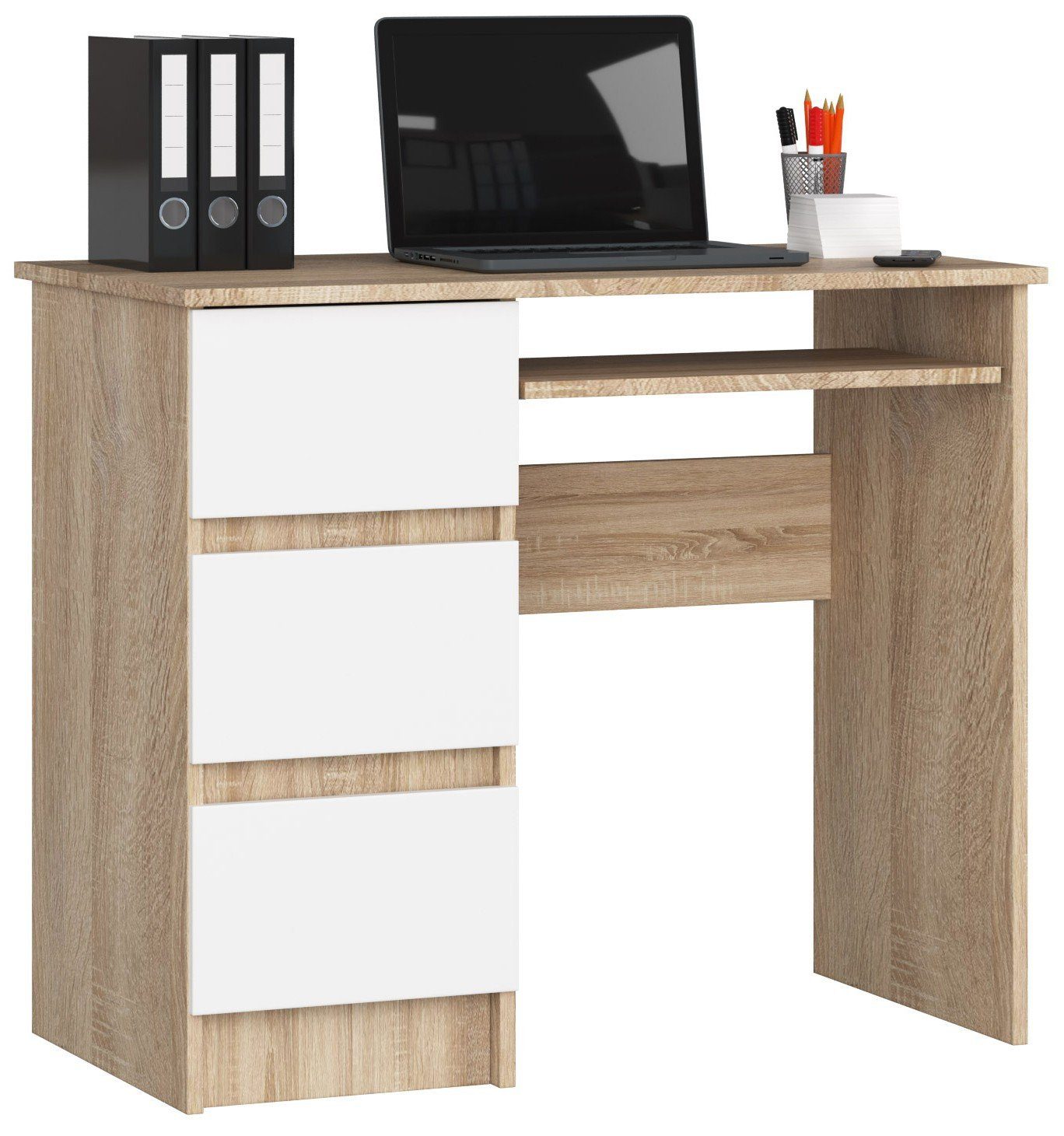 Home Collective Computertisch Bürotisch, 90 x 50 x 77 cm, abriebfeste Laminatplatte mit ABS-Kante, 3 Schubladen, ausziehbarer Tastaturablage, 16 mm dicke, sonoma weiß