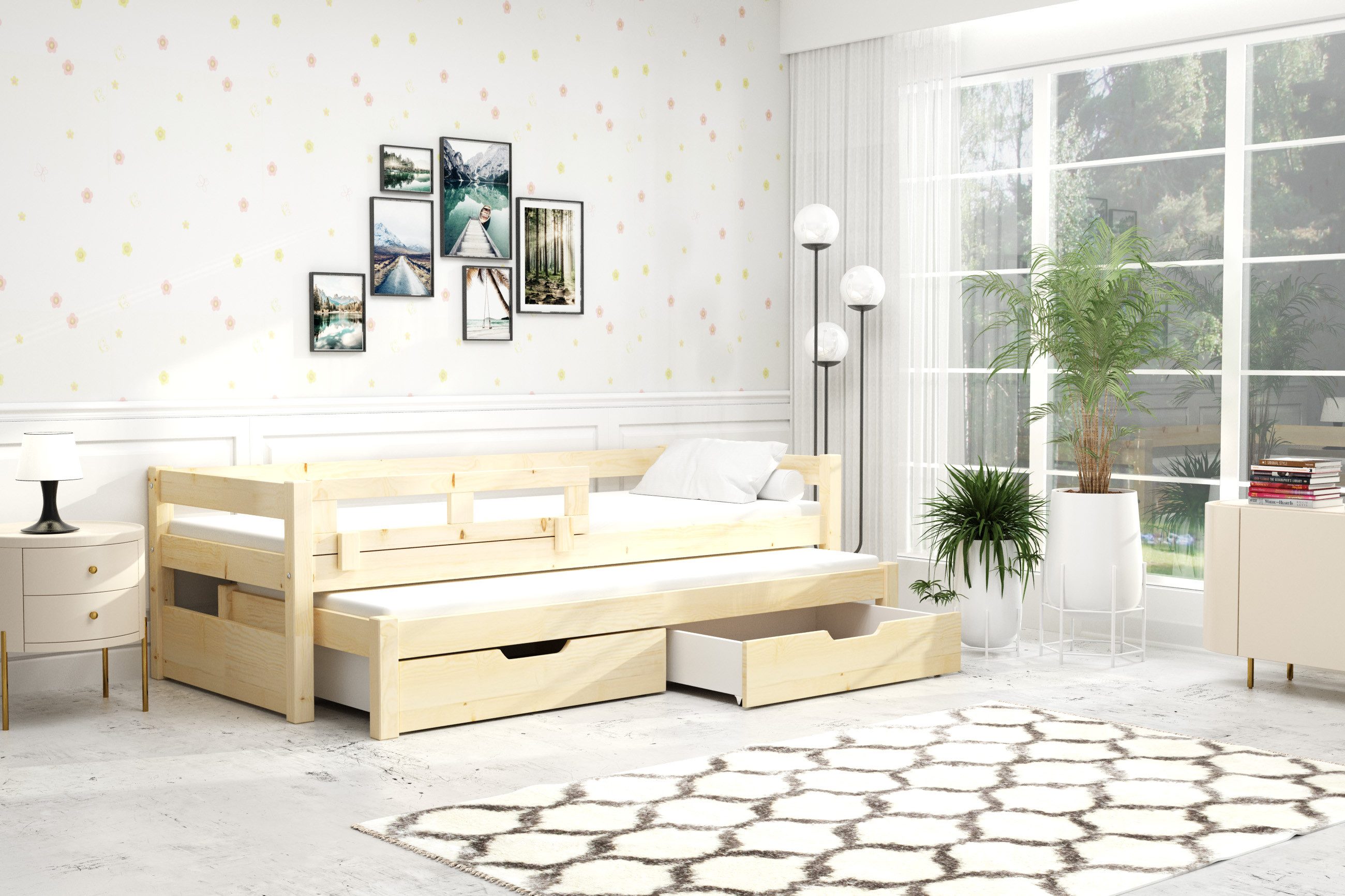 thematys Kinderbett mit Rausfallschutz und Ausziehbett und 2 Schubladen für Kinder (in 90x200cm + INKLUSIVE 2 Schaumstoffmatratzen, für Jungen und Mädchen, mit abnehmbaren Rausfallschutz), Kinderbett aus Kiefernholz