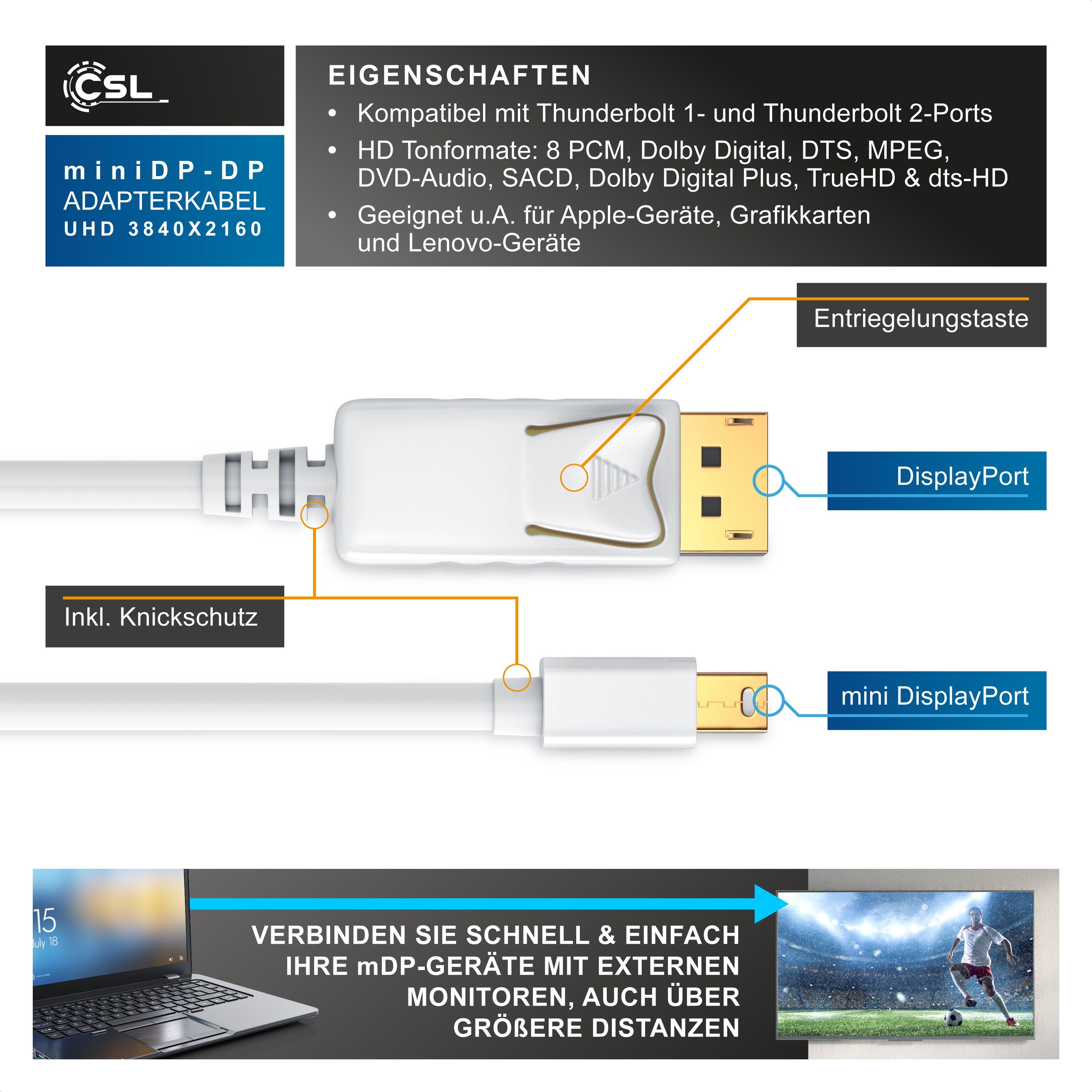CSL Audio- & Video-Kabel, Mini DisplayPort, DisplayPort (200 cm), Full HD MiniDP Monitor Kabel / Verbindungskabel - 2m
