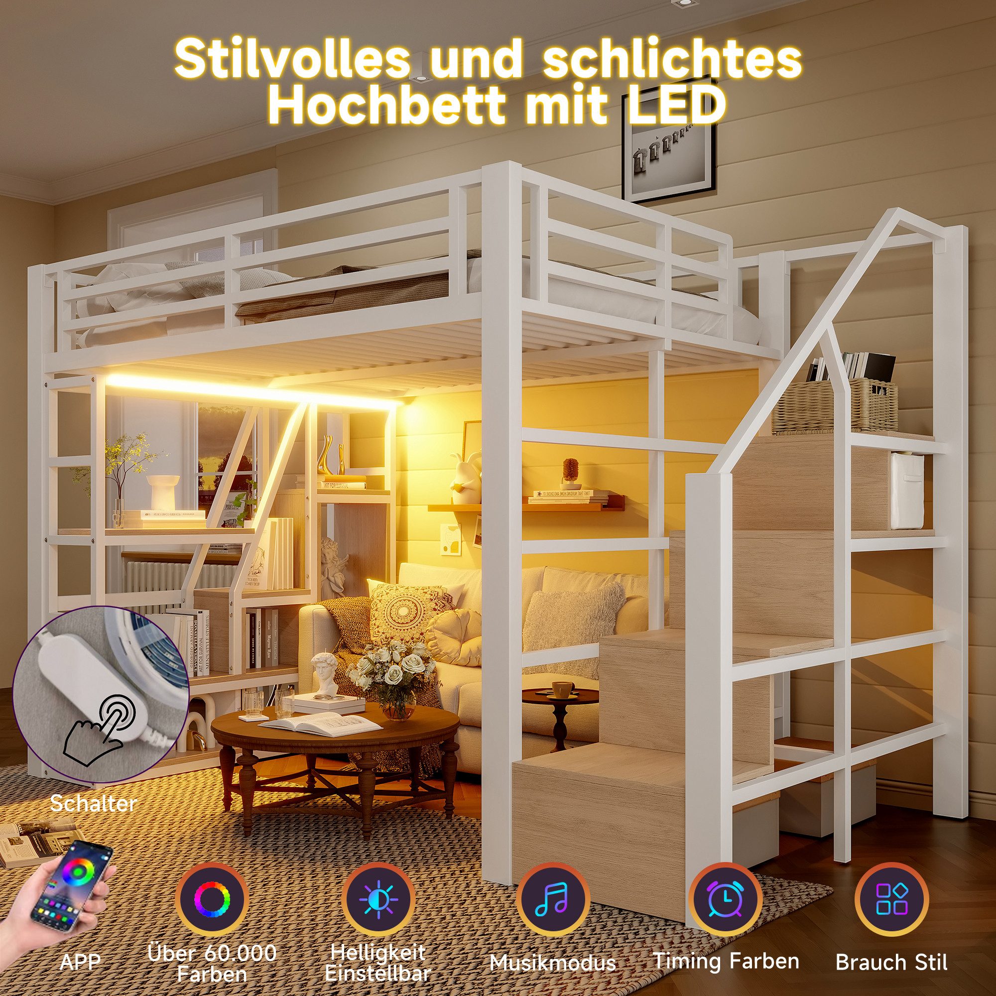 Odikalo Hochbett Metallbett 90x200 140x200 mit Stauraum,LED (Hochbett, 90 x 200 cm, Eisenrahmen, Ablagefach, integrierte Stufen, Schutzgeländer, Leiter, mit LED-Lichtleiste, offener Stauraum unter dem Bett, Matratze nicht im Lieferumfang enthalten)