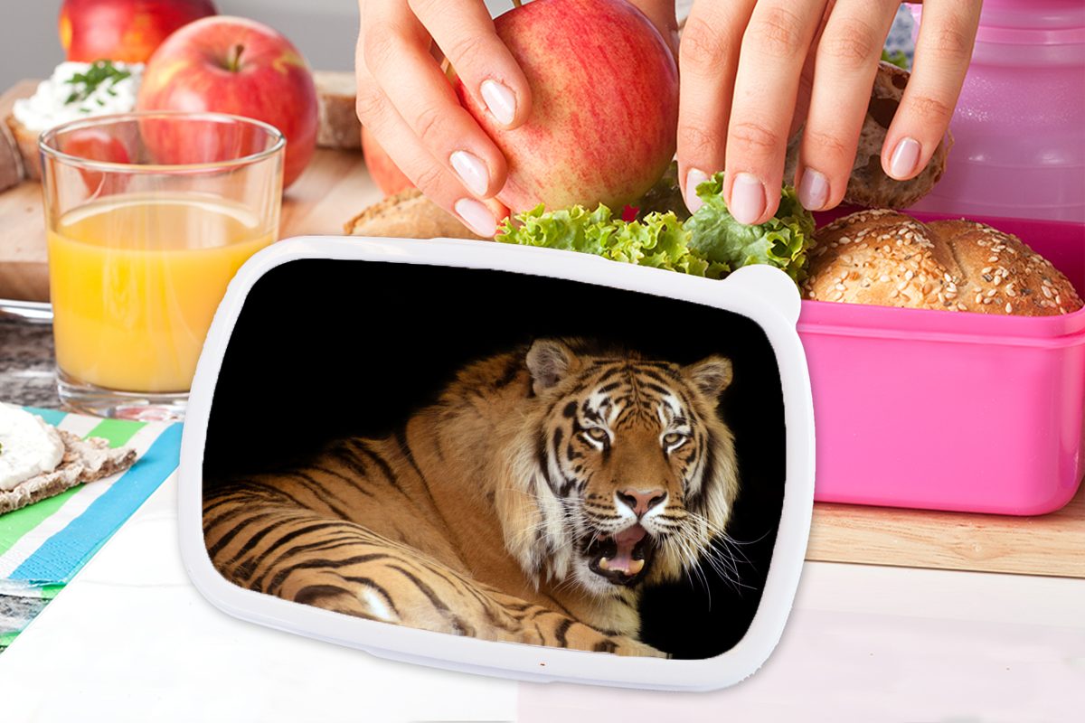 Kunststoff, - Kinder, für - Snackbox, Tiger Kunststoff Brotdose Schwarz, Brotbox rosa Lunchbox Gähnen (2-tlg), Erwachsene, MuchoWow Mädchen,