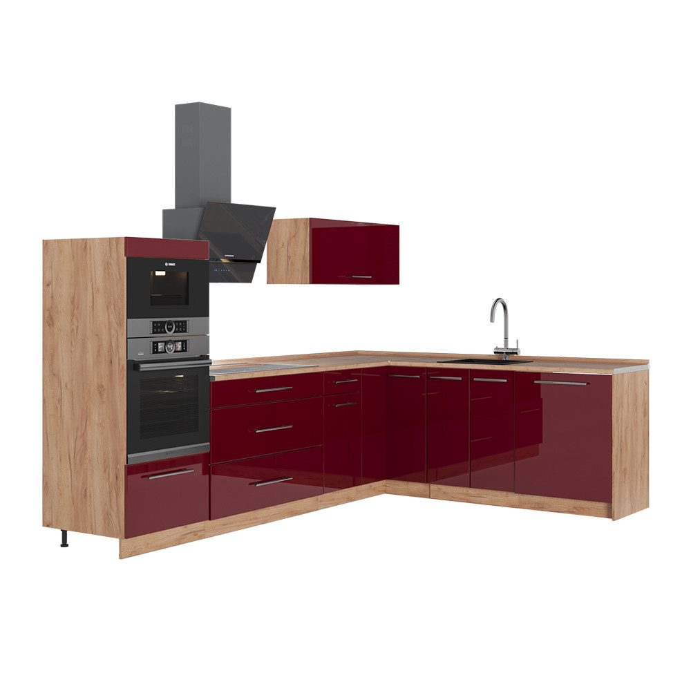 Vicco Winkelküche Fame-Line, Bordeaux Hochglanz/Goldkraft Eiche, 287 x 51.6 cm ohne A...