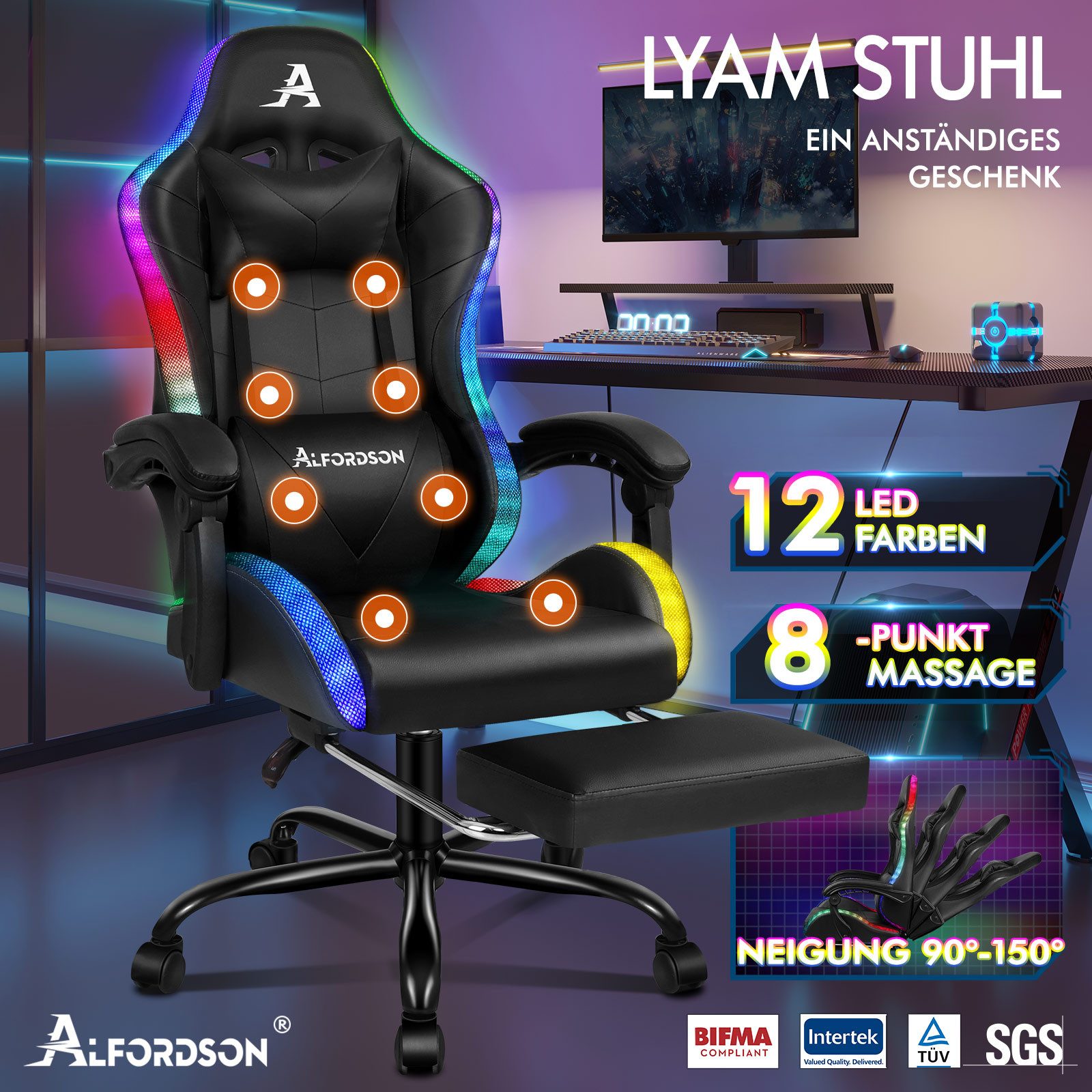 ALFORDSON Gaming-Stuhl Massagestuhl mit LED, ergonomischer Schreibtischstuh günstig online kaufen
