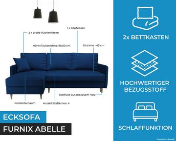 Furnix Ecksofa ABELLE Schlafsofa in L-Form Polstercouch mit Schlaffunktion, mit 2 Bettkästen, B215 x H90 x T145 cm, Sitzhöhe 45 cm, DL-Auszugmechanik