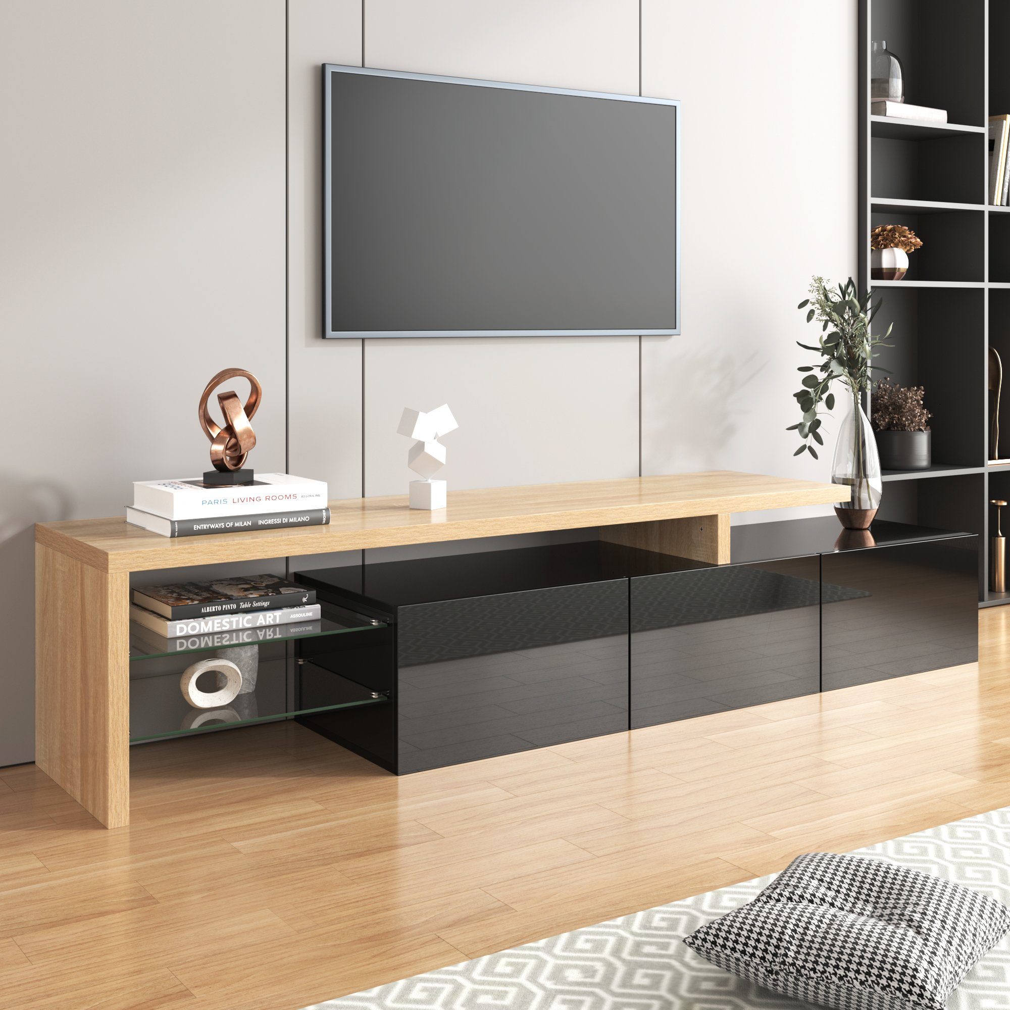 x (197.5 Glasböden, 42H(cm) 39 L Modernes, Stauraum,Hochglanz, TV-Schrank 3 Schränke, praktischer x Lagerregale,LED-Beleuchtung, Weiß/Schwarz B Holzoptik Fangqi mit